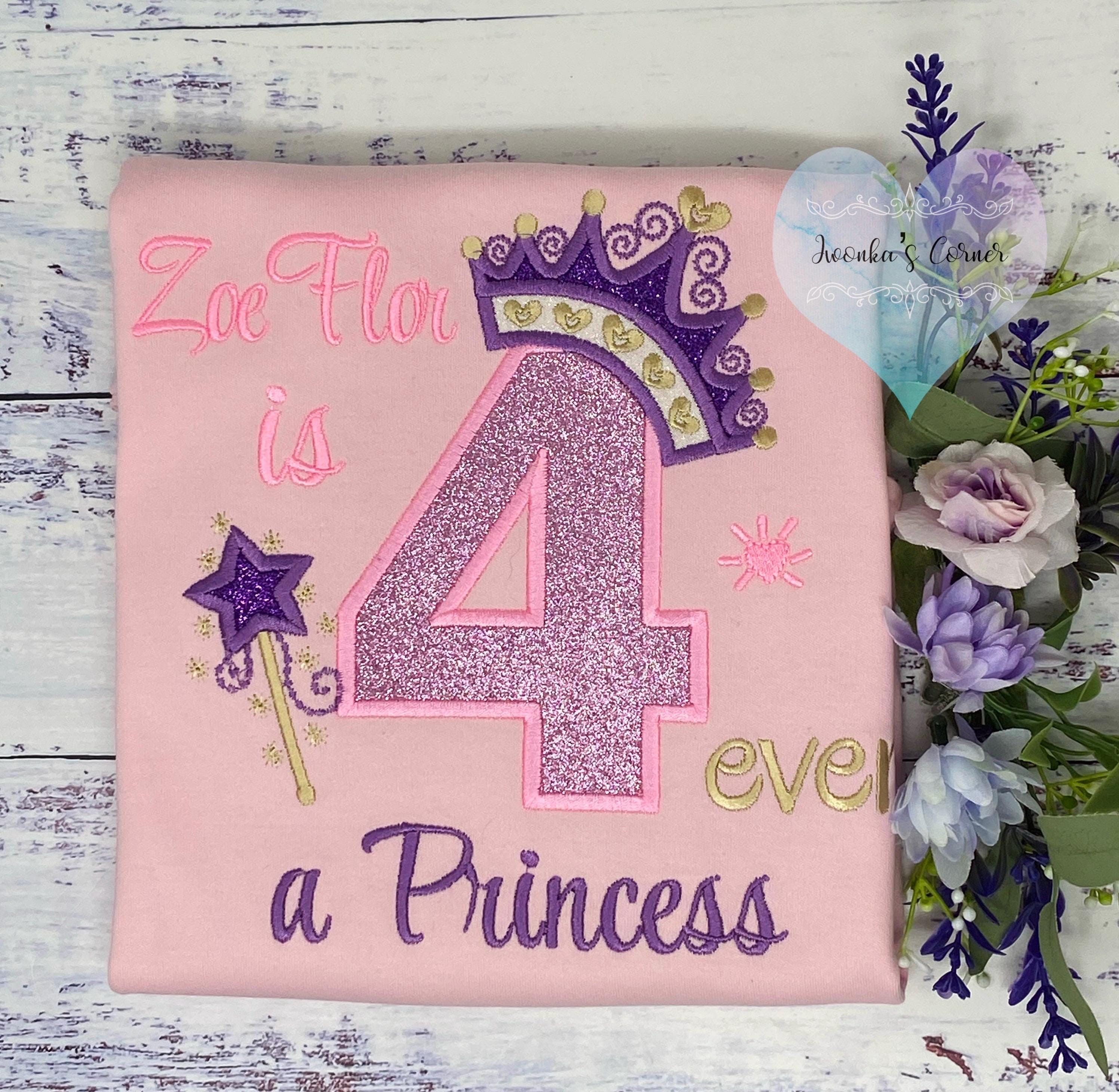Girl 4th birthday shirt with princess Purple Gold Tiara Heart number, Royal Crown, Pink Number Applique, Magic Wand, 4-ever a Princesse