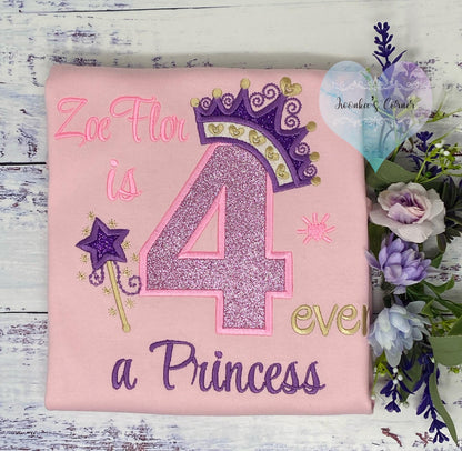 Girl 4th birthday shirt with princess Purple Gold Tiara Heart number, Royal Crown, Pink Number Applique, Magic Wand, 4-ever a Princesse