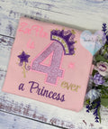 Girl 4th birthday shirt with princess Purple Gold Tiara Heart number, Royal Crown, Pink Number Applique, Magic Wand, 4-ever a Princesse