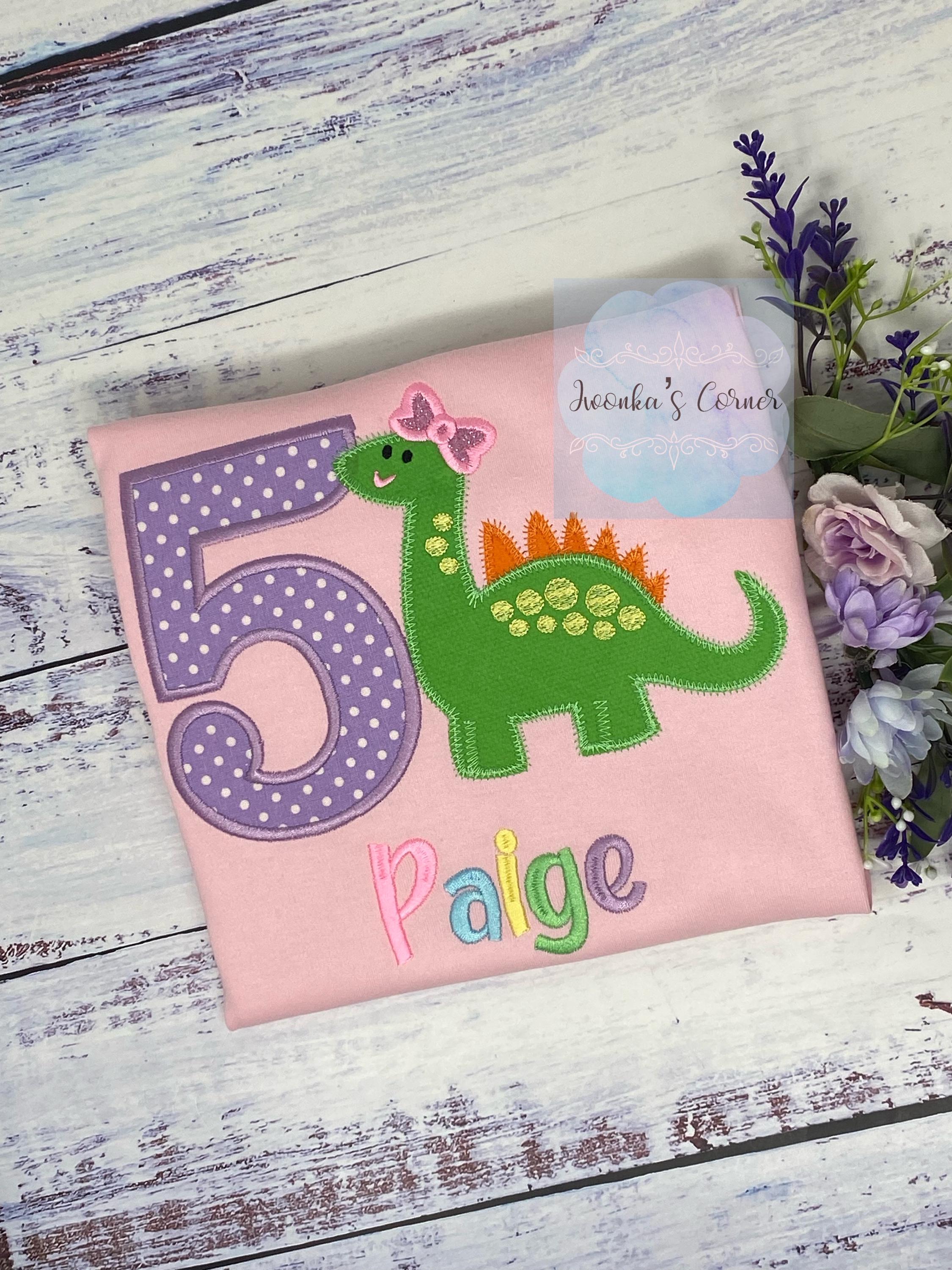 Girl 5th Birthday Brachiosaurusembroidery shirt, Dinosaur themed shirt, Green dinosaur Pink Bow Tee, Polka Dots Number Embroidery, Any age