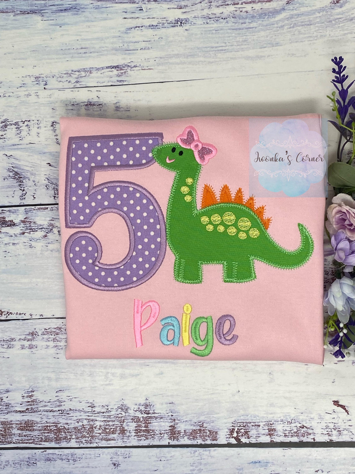 Girl 5th Birthday Brachiosaurusembroidery shirt, Dinosaur themed shirt, Green dinosaur Pink Bow Tee, Polka Dots Number Embroidery, Any age