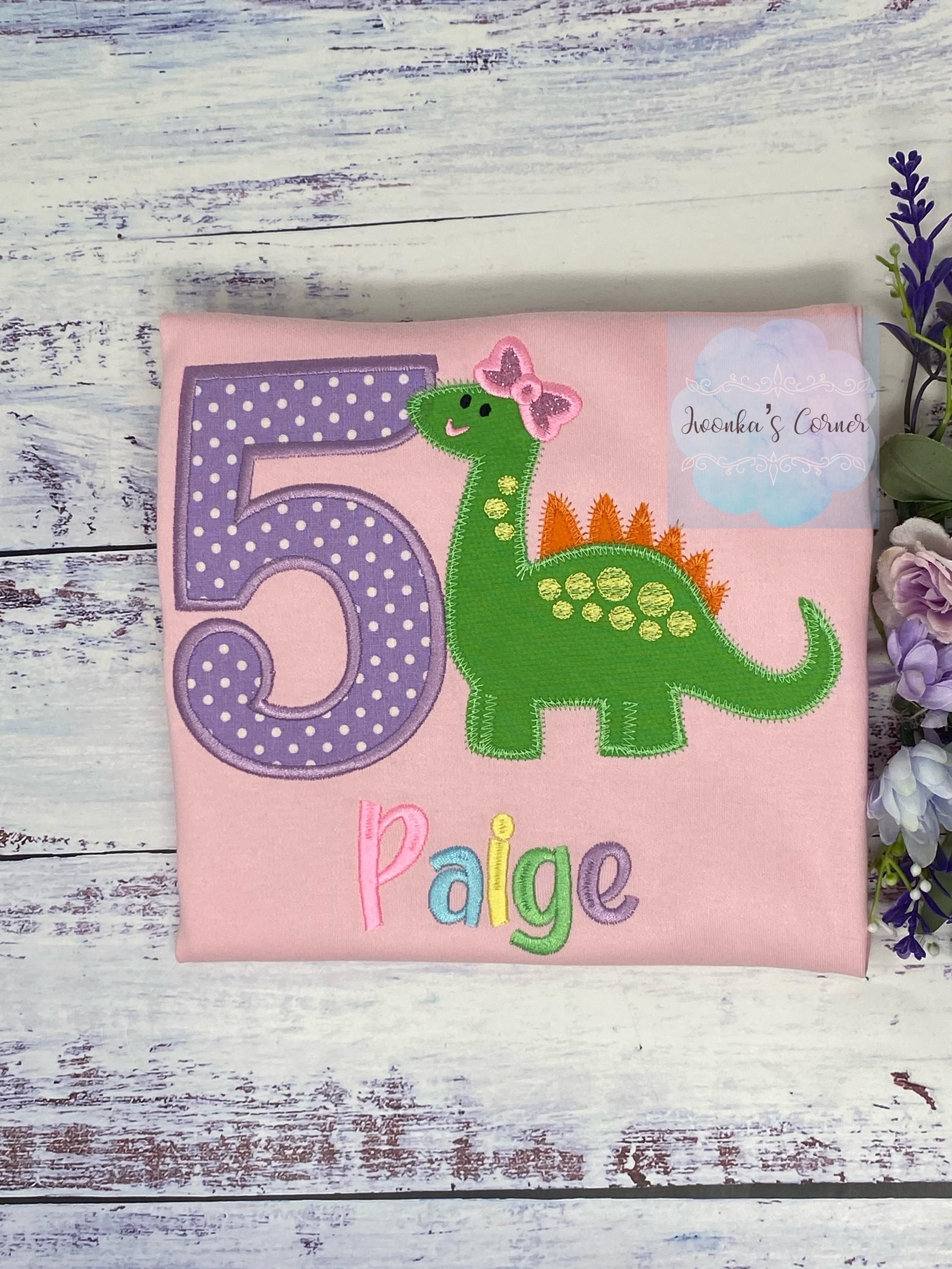 Girl 5th Birthday Brachiosaurusembroidery shirt, Dinosaur themed shirt, Green dinosaur Pink Bow Tee, Polka Dots Number Embroidery, Any age
