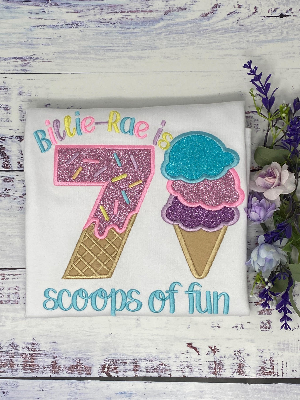 Girl Ice Cream 7 “Scoop of fun” birthday shirt, Sweet Ice Cream with cherry on top cone Theme Party, Pastel sweet birthday tee