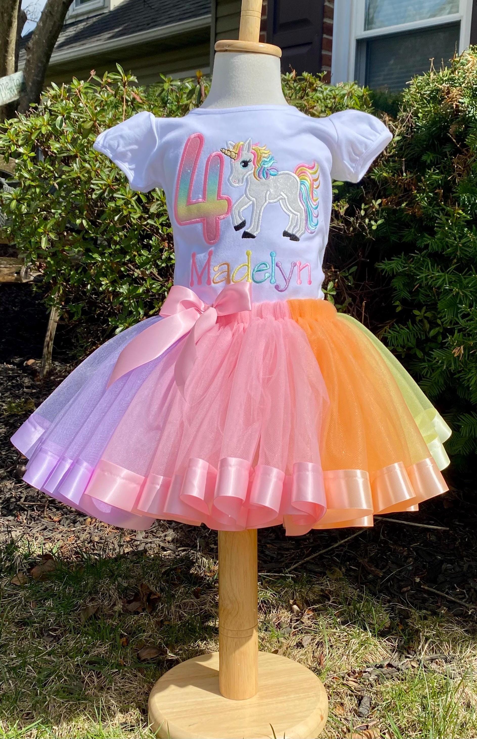 Girl 4th Birthday Pastel Unicorn, Girl Rainbow Tulle Dress Tutu, Pastel Uni tutu set, Rainbow Ribbon Trim, Ages 1-6, Fast shipping 5 days