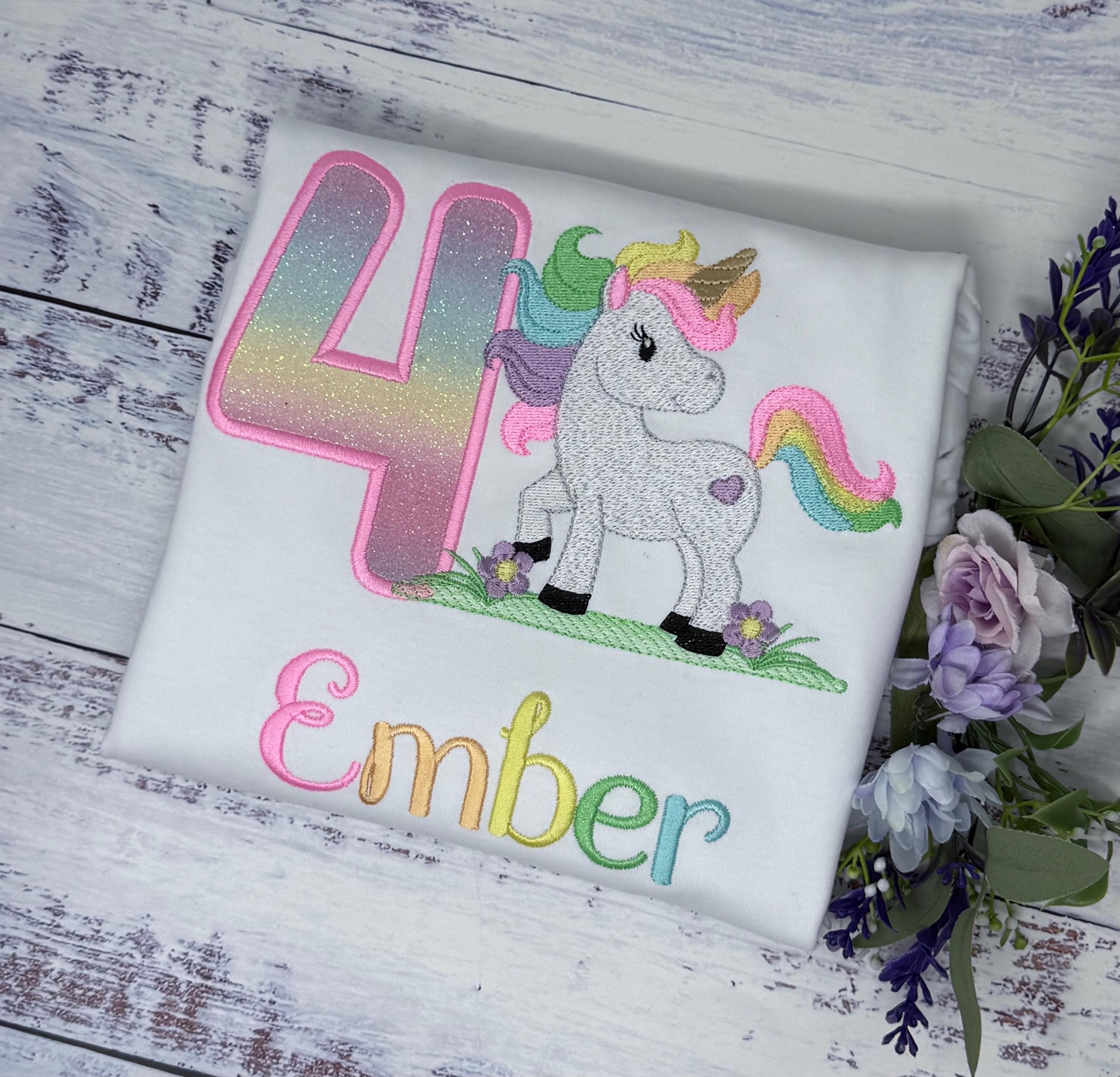 4th Birthday Pastel Filled Stitch Unicorn Shirt, Girl Rainbow Pastel Unicorn Birthday, Gold Horn Uni Gift, Rainbow Unicorn, Any age