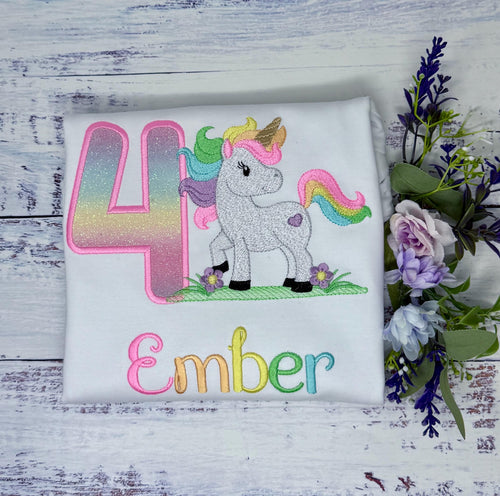 4th Birthday Pastel Filled Stitch Unicorn Shirt, Girl Rainbow Pastel Unicorn Birthday, Gold Horn Uni Gift, Rainbow Unicorn, Any age