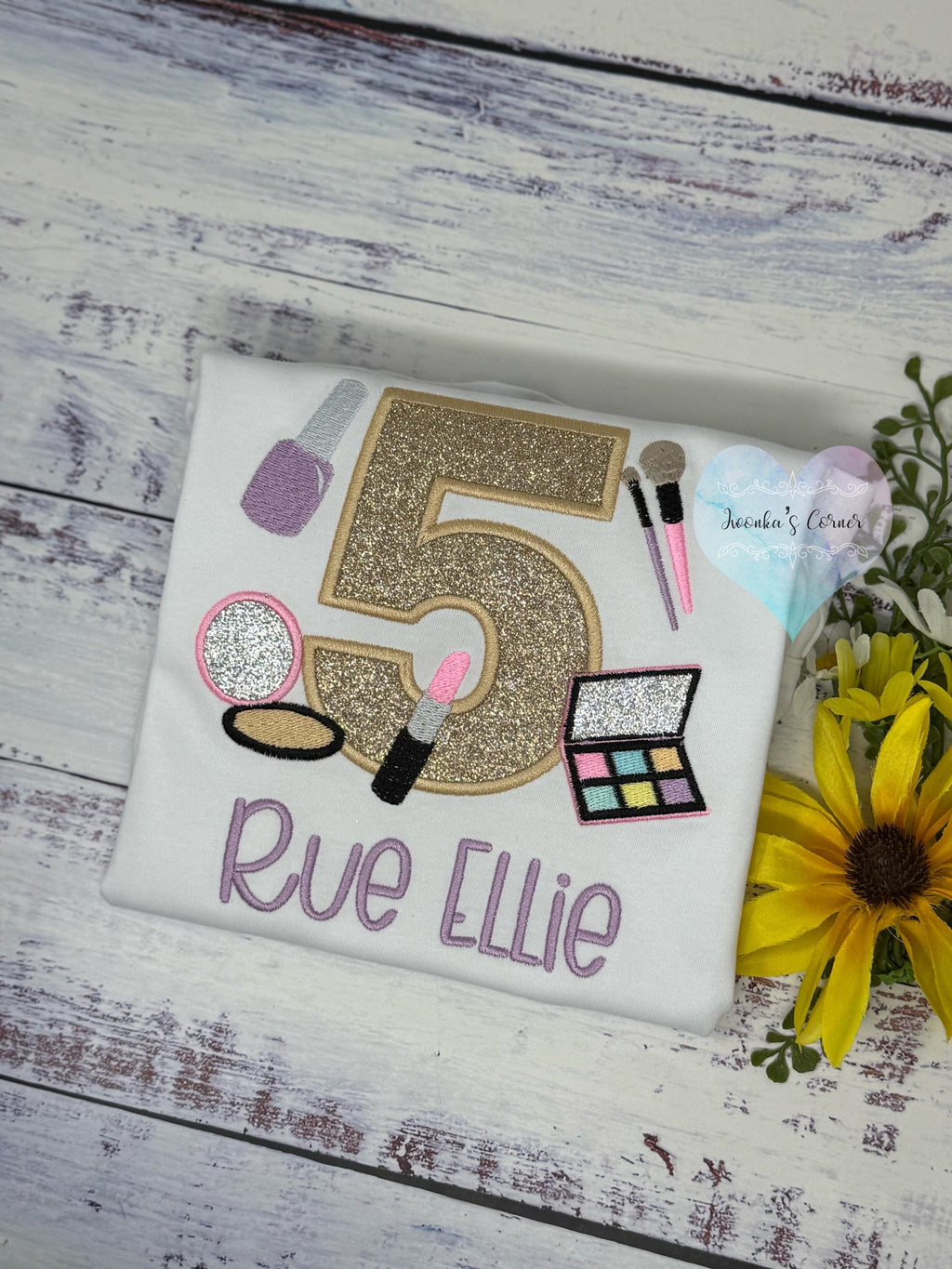 Girl 5th Birthday Shirt with Make up, Salon, Spa Birthday Tee Number cosmetics, Lipstick Powder Brush, Make up Birthday Party, Nail Polis