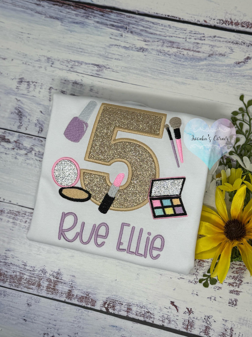 Girl 5th Birthday Shirt with Make up, Salon, Spa Birthday Tee Number cosmetics, Lipstick Powder Brush, Make up Birthday Party, Nail Polis