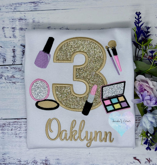 Girl 3rd Birthday Shirt with Make up, Salon, Spa Birthday Tee Number cosmetics, Lipstick Powder Brush, Make up Birthday Party, Nail Polis