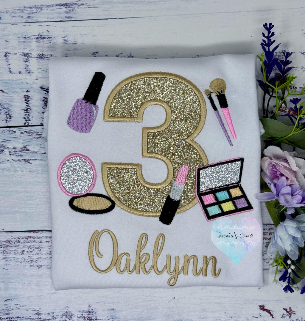 Girl 8th Birthday Shirt with Make up, Salon, Spa Birthday Tee Number cosmetics, Lipstick Powder Brush, Make up Birthday Party, Nail Polish