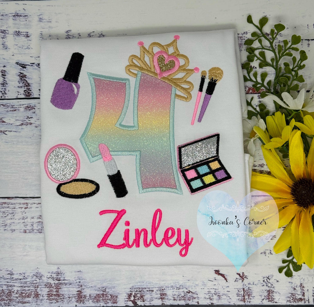 Girl 4th Princesse Birthday Shirt with Make up, Salon, Spa Birthday Tee cosmetics, Lipstick Powder Brush, Make up Birthday Party, Nail Polis