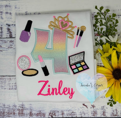 Girl 4th Princesse Birthday Shirt with Make up, Salon, Spa Birthday Tee cosmetics, Lipstick Powder Brush, Make up Birthday Party, Nail Polis