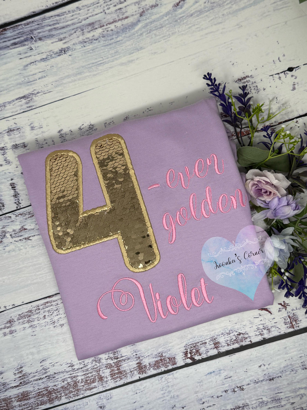 Girl 4th Birthday gold sequined shirt, Four-ever golden Embroidery shirt, Custom Shirt for a Toddler, Gold number applique