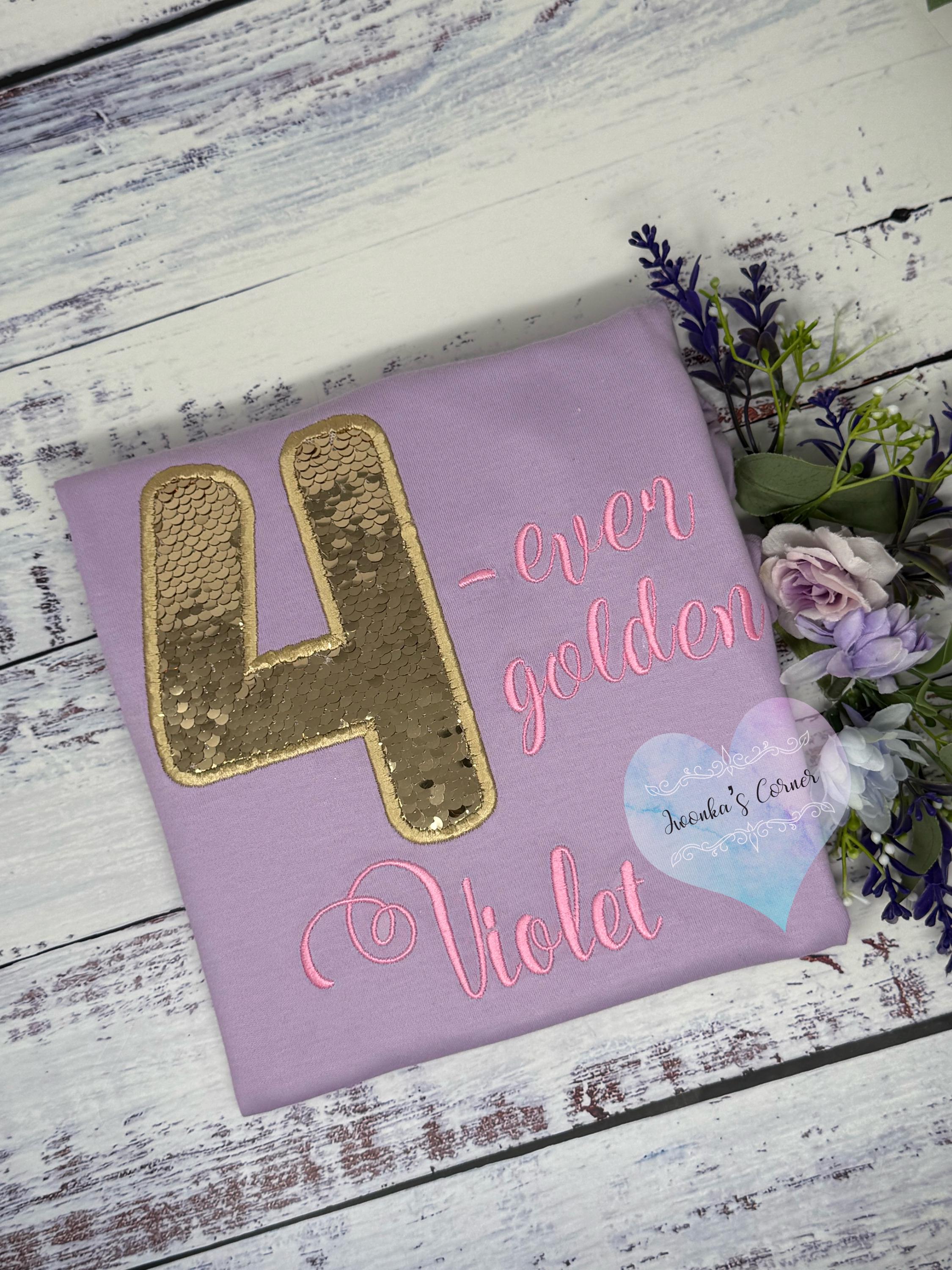 Girl 4th Birthday gold sequined shirt, Four-ever golden Embroidery shirt, Custom Shirt for a Toddler, Gold number applique