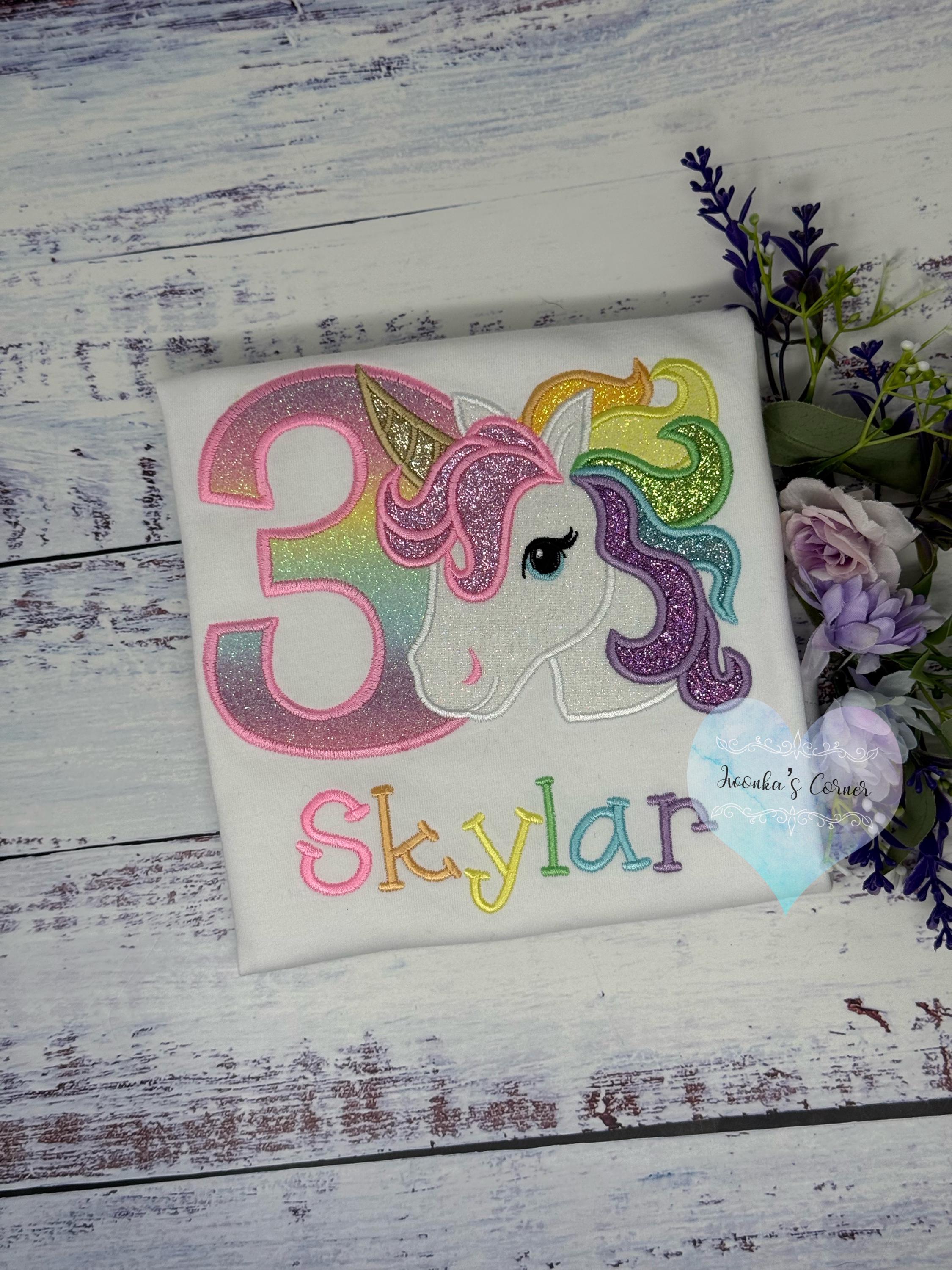 3rd Birthday Unicorn Shirt, Girl Rainbow Mane Unicorn Birthday Outfit, Rainbow Unicorn outfit, Unicorn embroidery, Script Font