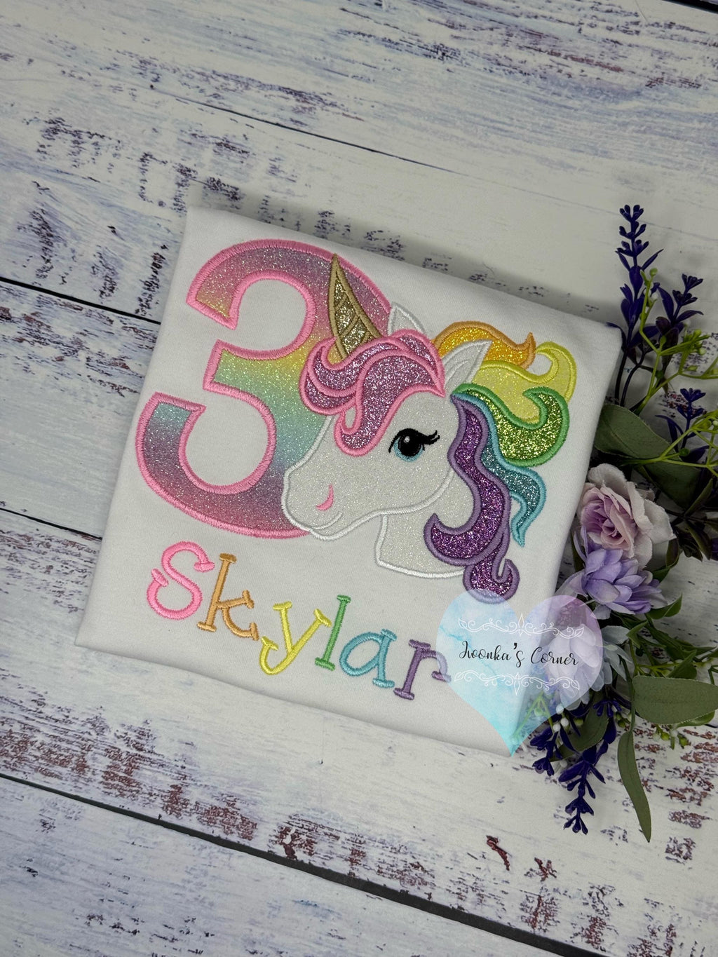 3rd Birthday Unicorn Shirt, Girl Rainbow Mane Unicorn Birthday Outfit, Rainbow Unicorn outfit, Unicorn embroidery, Script Font