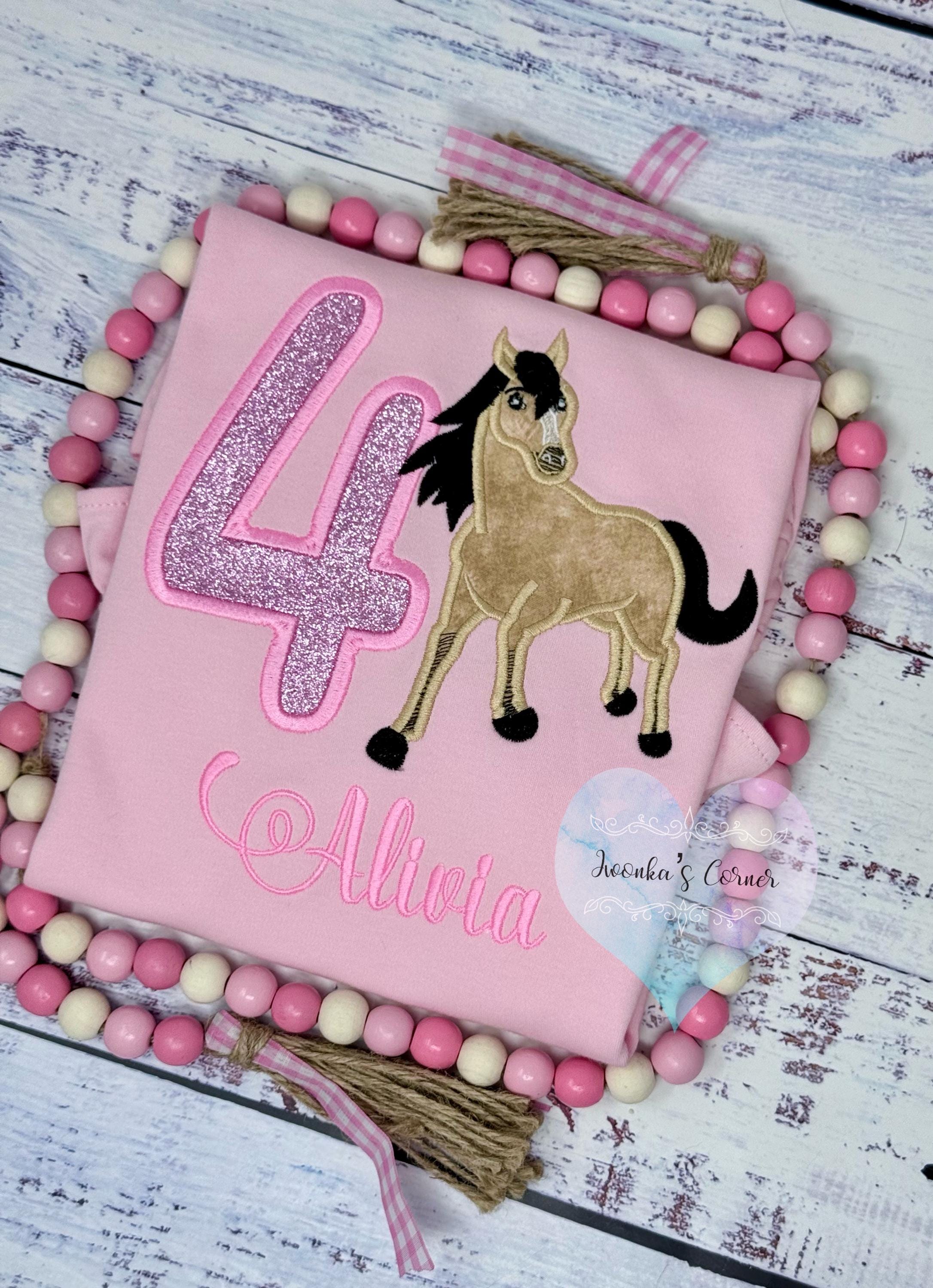 Girl 4th Birthday Shirt With Running Horse, Birthday Tee with Black Mane Horse, 4th, 6th 7th Horse Embroidery T-Shirt, Bay Pony