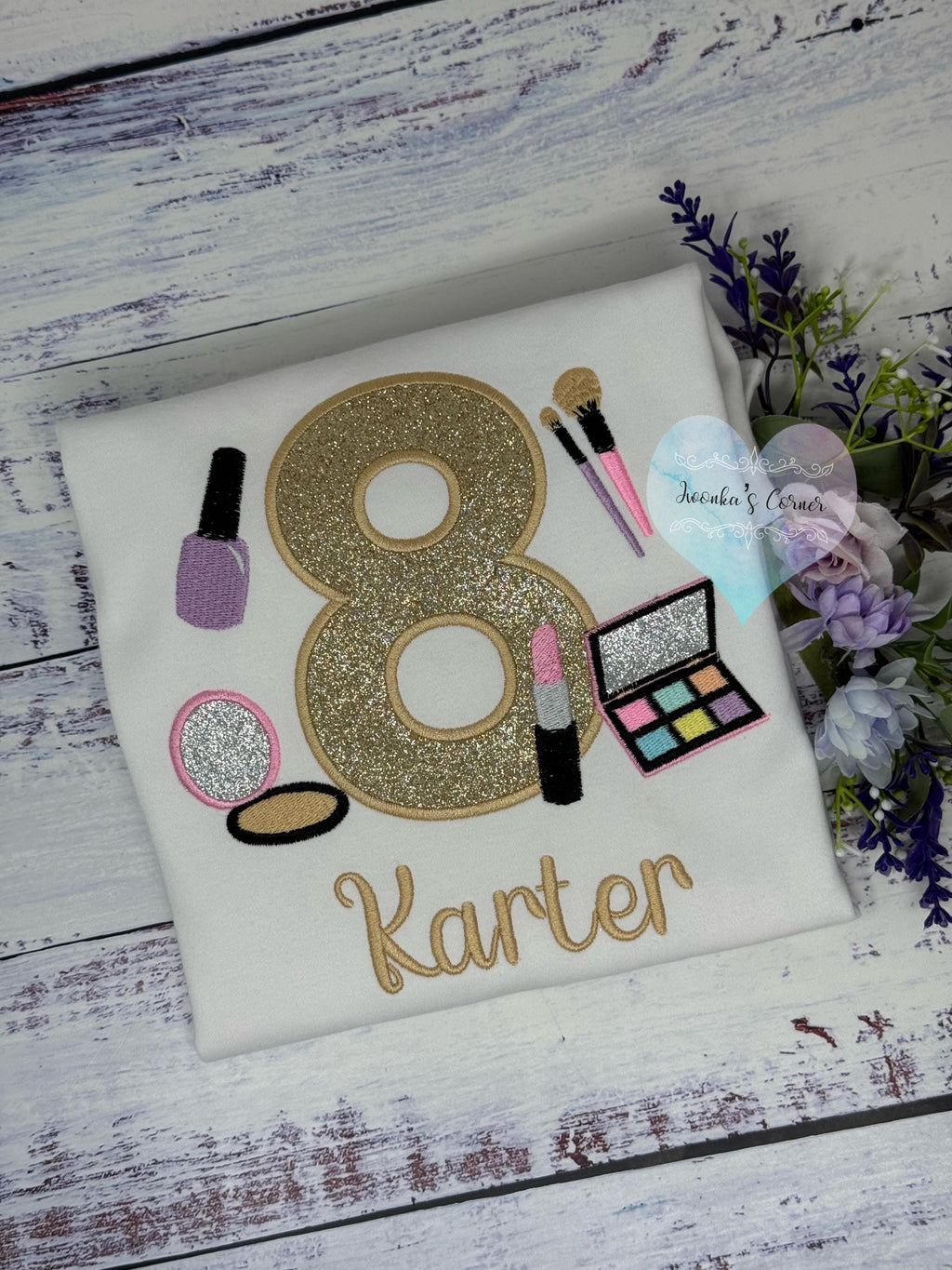 Girl 8th Birthday Shirt with Make up, Salon, Spa Birthday Tee Number cosmetics, Lipstick Powder Brush, Make up Birthday Party, Nail Polish