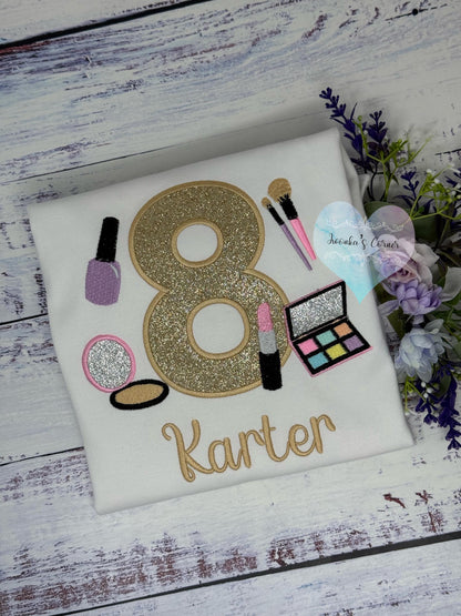 Girl 8th Birthday Shirt with Make up, Salon, Spa Birthday Tee Number cosmetics, Lipstick Powder Brush, Make up Birthday Party, Nail Polish