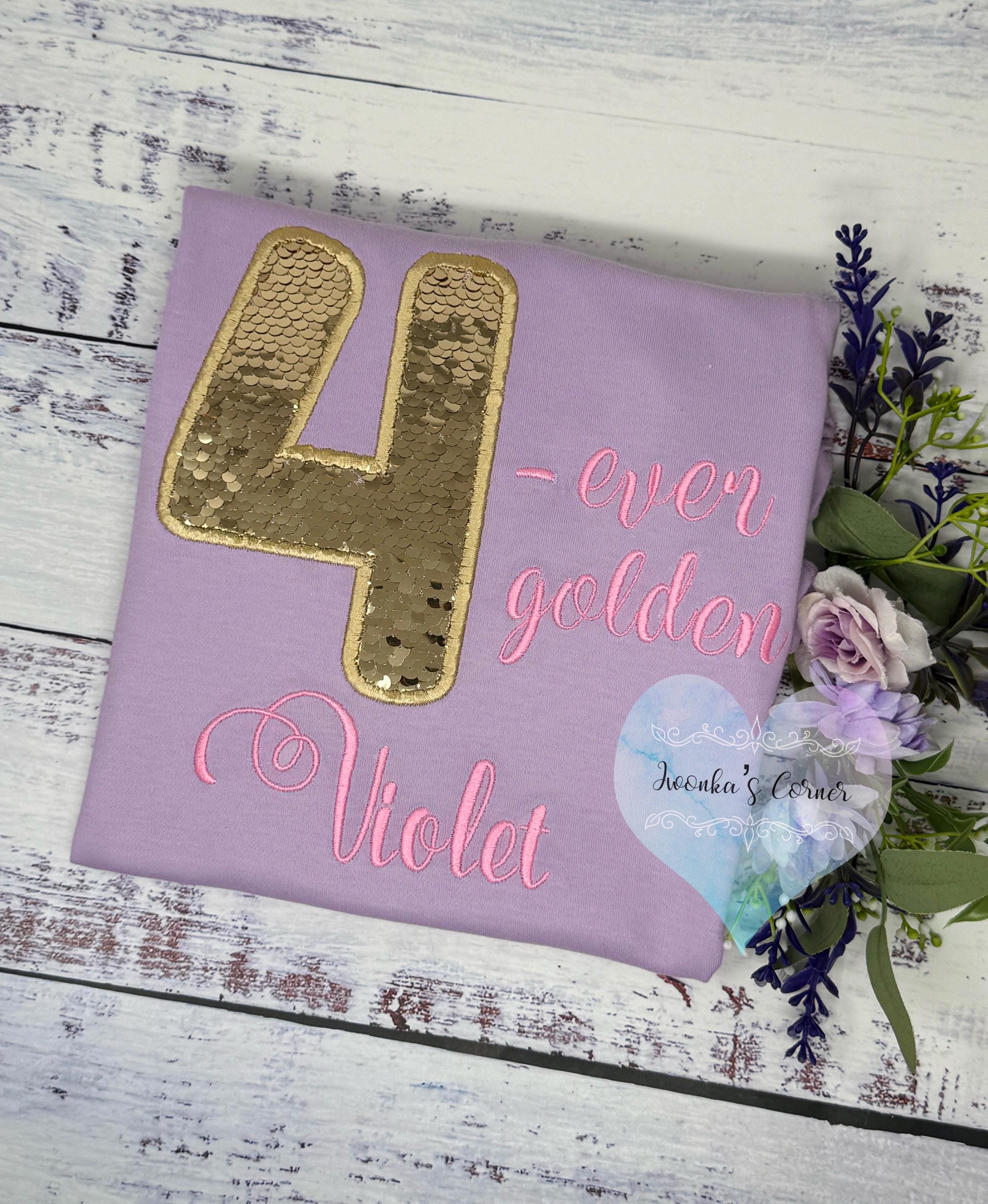 Girl 4th Birthday gold sequined shirt, Four-ever golden Embroidery shirt, Custom Shirt for a Toddler, Gold number applique