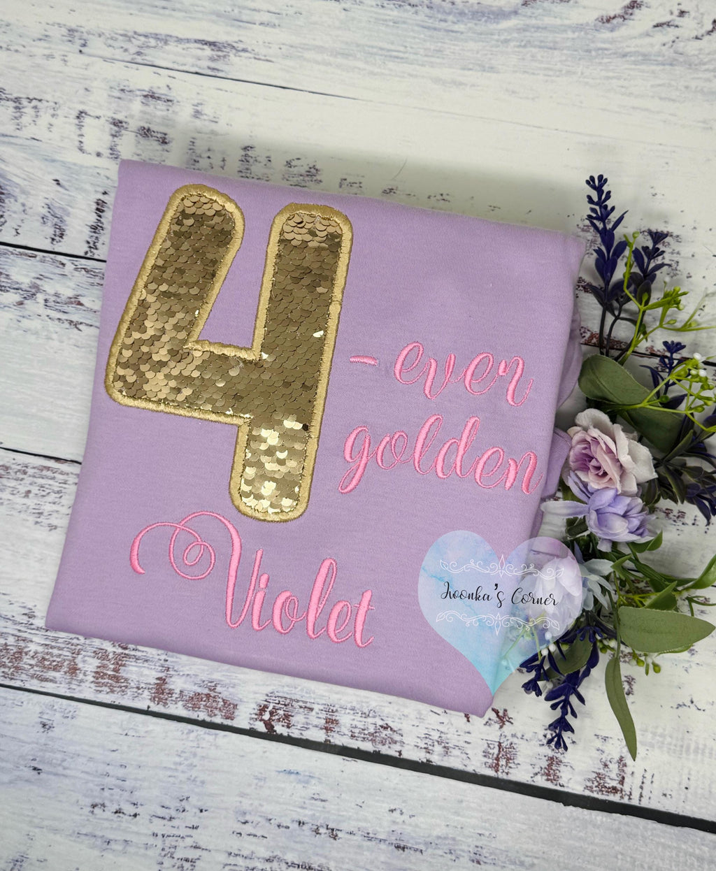 Girl 4th Birthday gold sequined shirt, Four-ever golden Embroidery shirt, Custom Shirt for a Toddler, Gold number applique