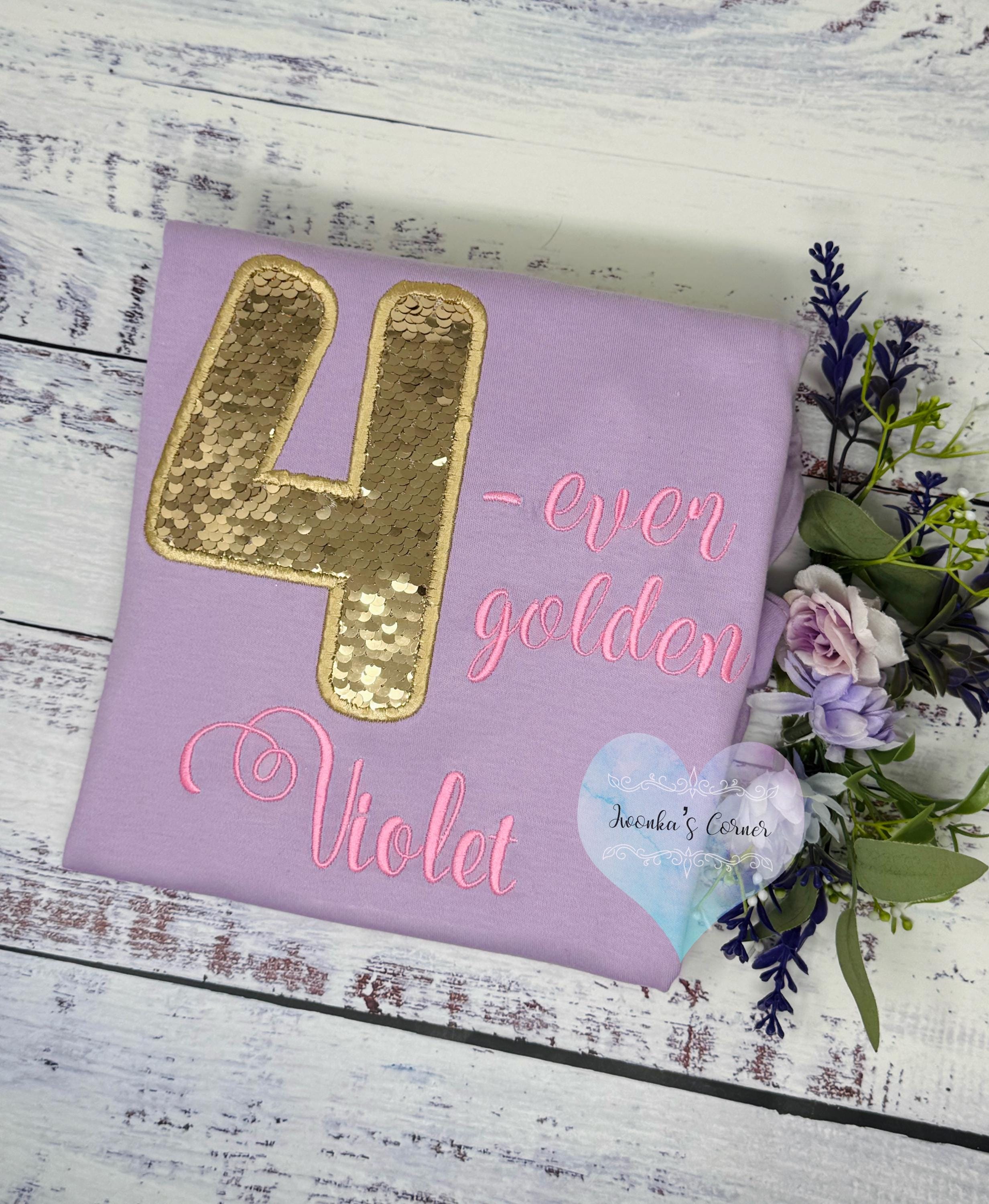 Girl 4th Birthday gold sequined shirt, Four-ever golden Embroidery shirt, Custom Shirt for a Toddler, Gold number applique