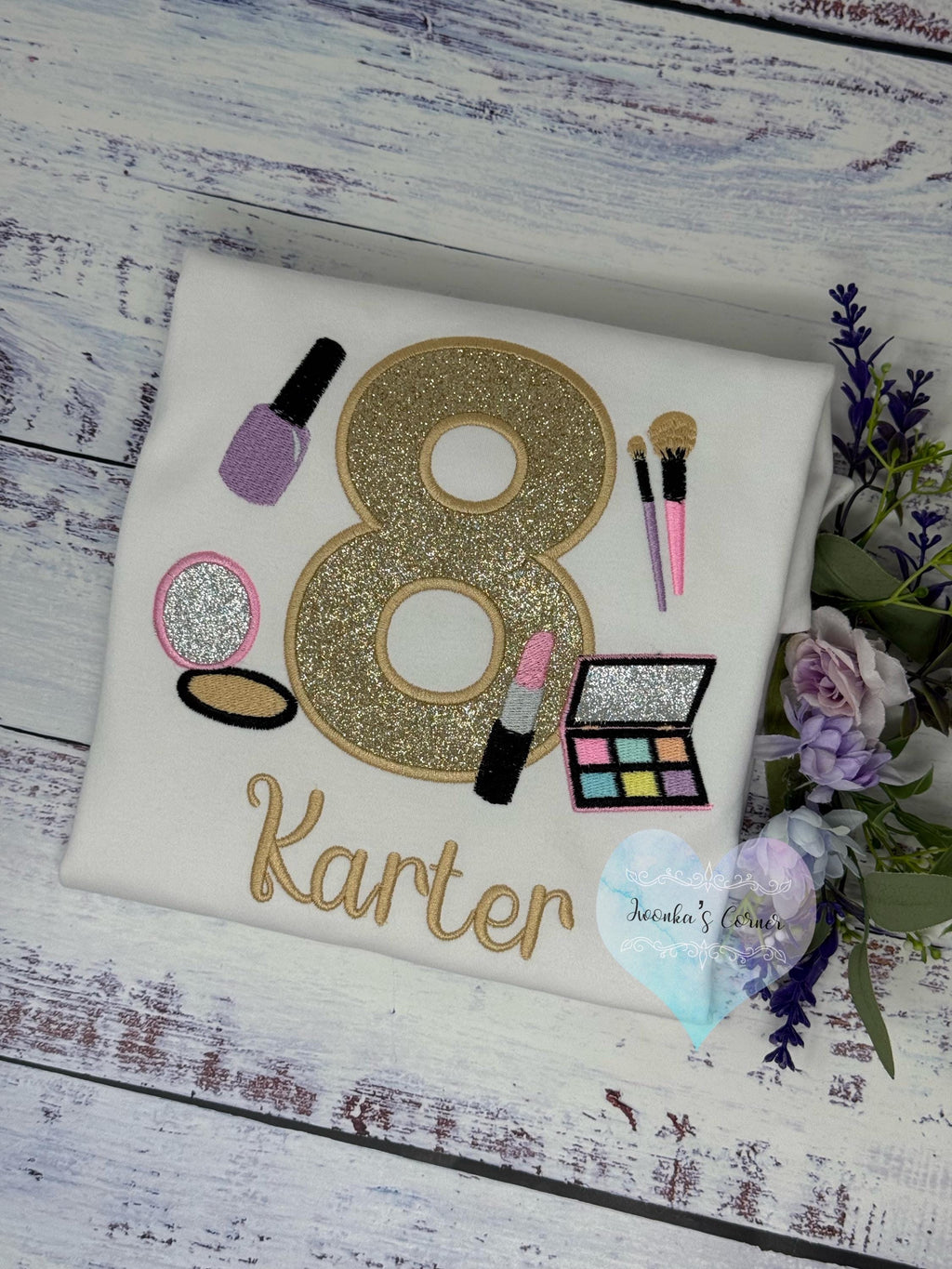 Girl 8th Birthday Shirt with Make up, Salon, Spa Birthday Tee Number cosmetics, Lipstick Powder Brush, Make up Birthday Party, Nail Polish