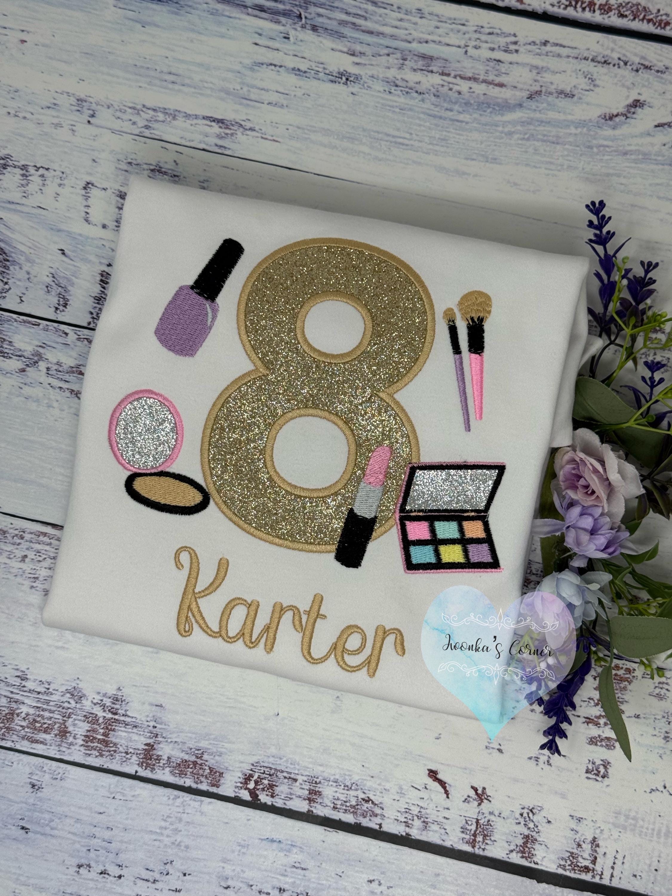 Girl 8th Birthday Shirt with Make up, Salon, Spa Birthday Tee Number cosmetics, Lipstick Powder Brush, Make up Birthday Party, Nail Polish