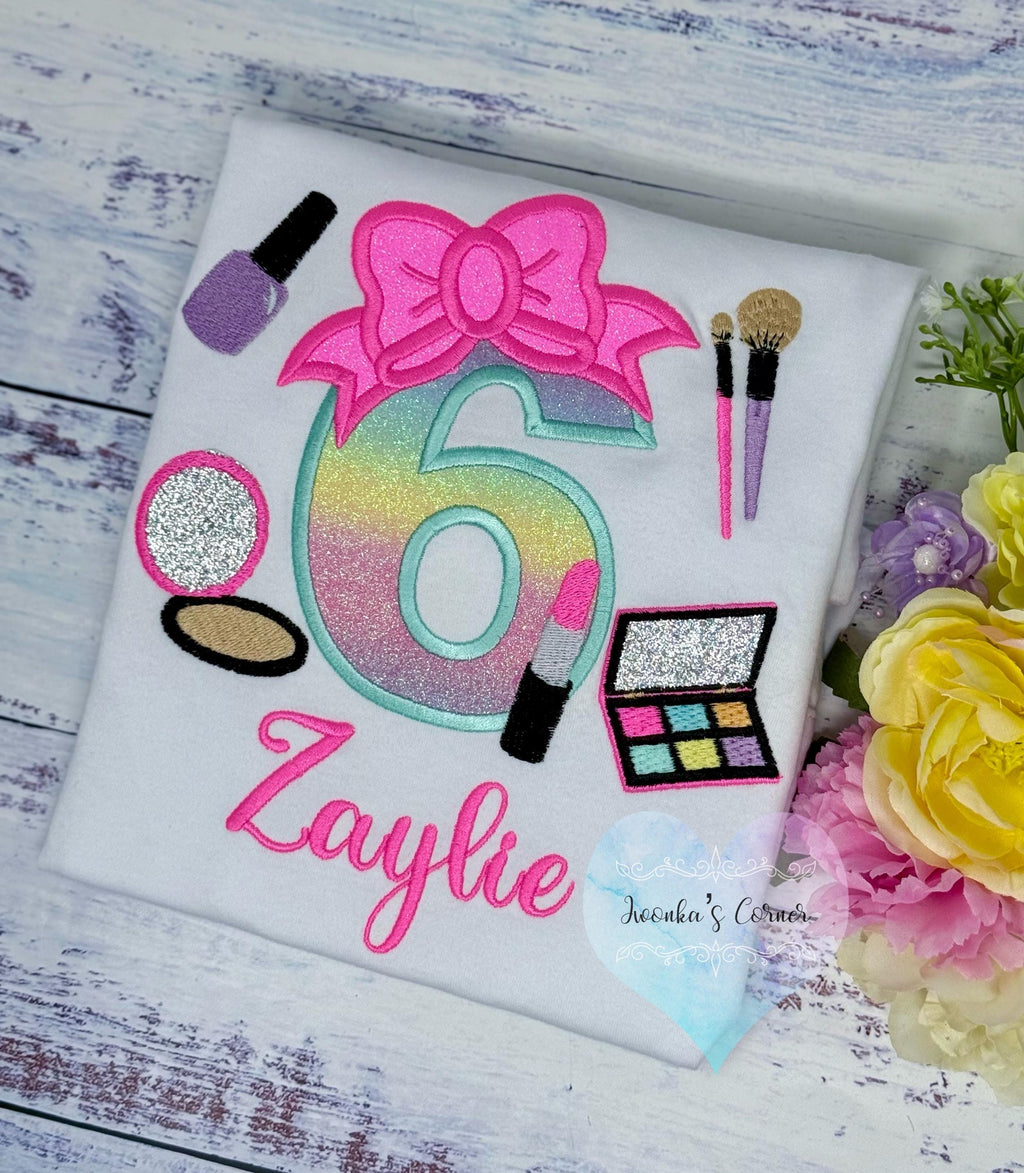 Girl 6th Birthday Shirt with Make up, Salon, Bow Number Shirt, Number cosmetics, Lipstick Powder Brush,Bright Hot Pink and Neon Make up