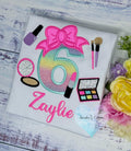 Girl 6th Birthday Shirt with Make up, Salon, Bow Number Shirt, Number cosmetics, Lipstick Powder Brush,Bright Hot Pink and Neon Make up