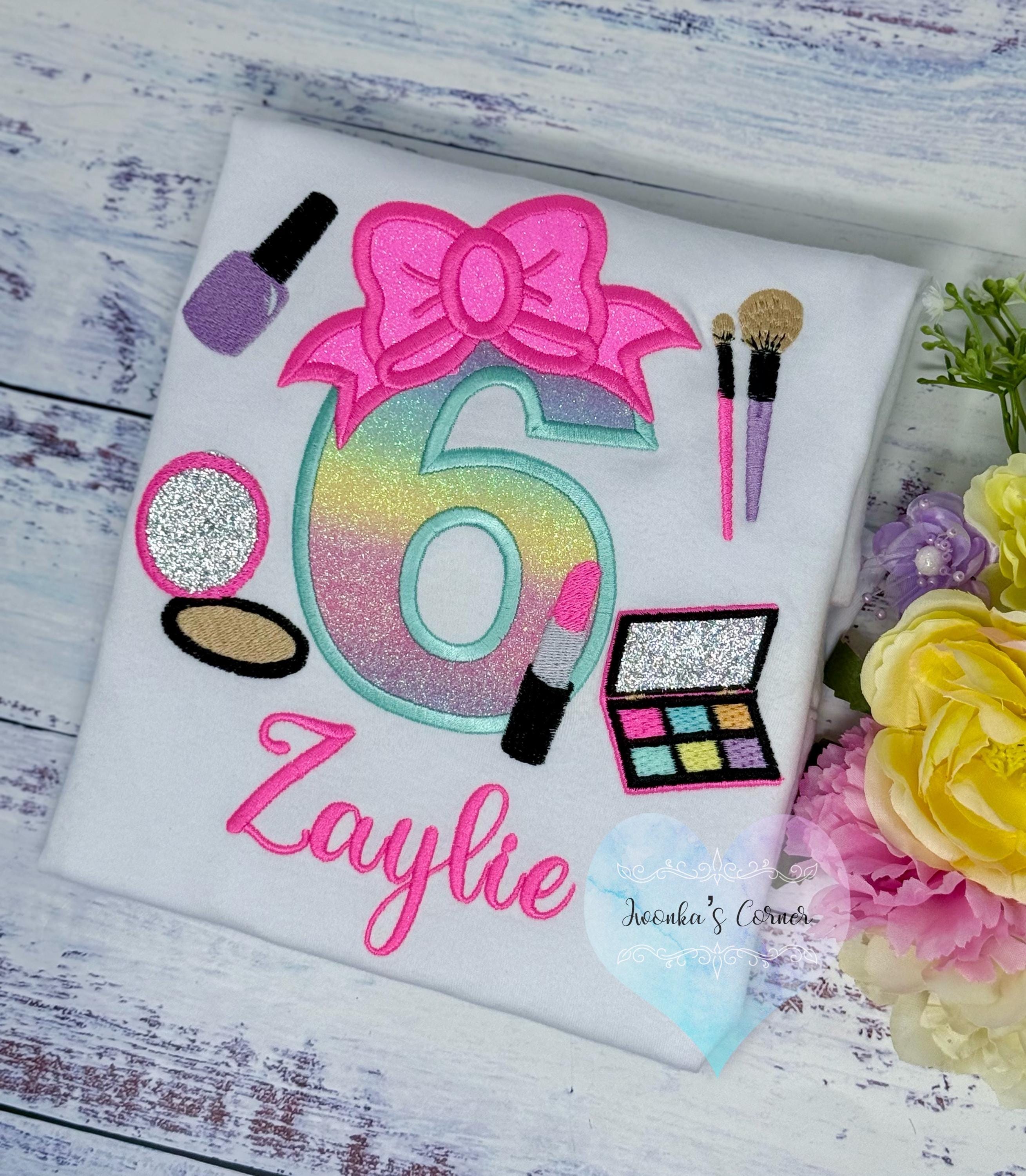 Girl 6th Birthday Shirt with Make up, Salon, Bow Number Shirt, Number cosmetics, Lipstick Powder Brush,Bright Hot Pink and Neon Make up