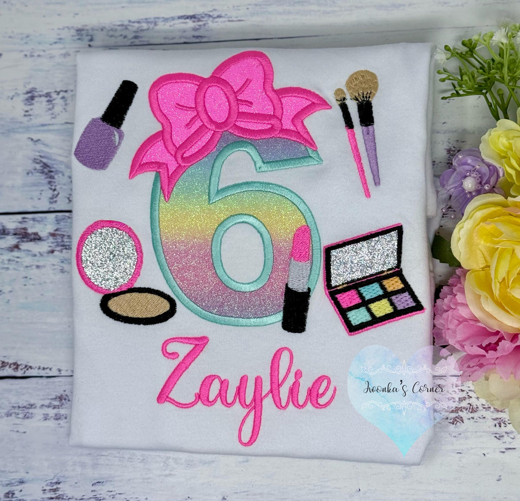Girl 6th Birthday Shirt with Make up, Salon, Bow Number Shirt, Number cosmetics, Lipstick Powder Brush,Bright Hot Pink and Neon Make up