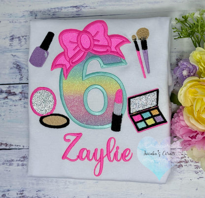 Girl 6th Birthday Shirt with Make up, Salon, Bow Number Shirt, Number cosmetics, Lipstick Powder Brush,Bright Hot Pink and Neon Make up
