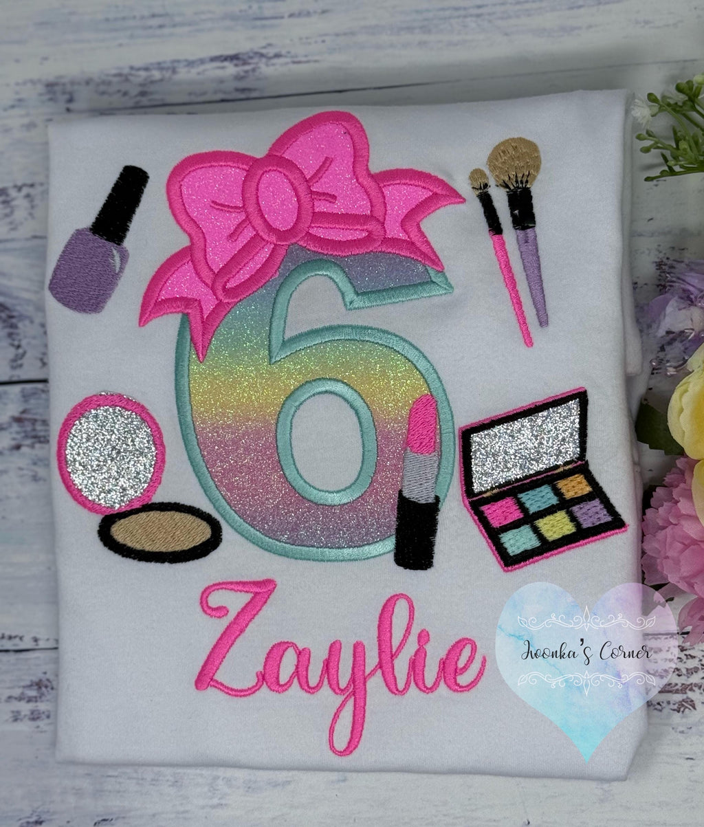 Girl 6th Birthday Shirt with Make up, Salon, Bow Number Shirt, Number cosmetics, Lipstick Powder Brush,Bright Hot Pink and Neon Make up