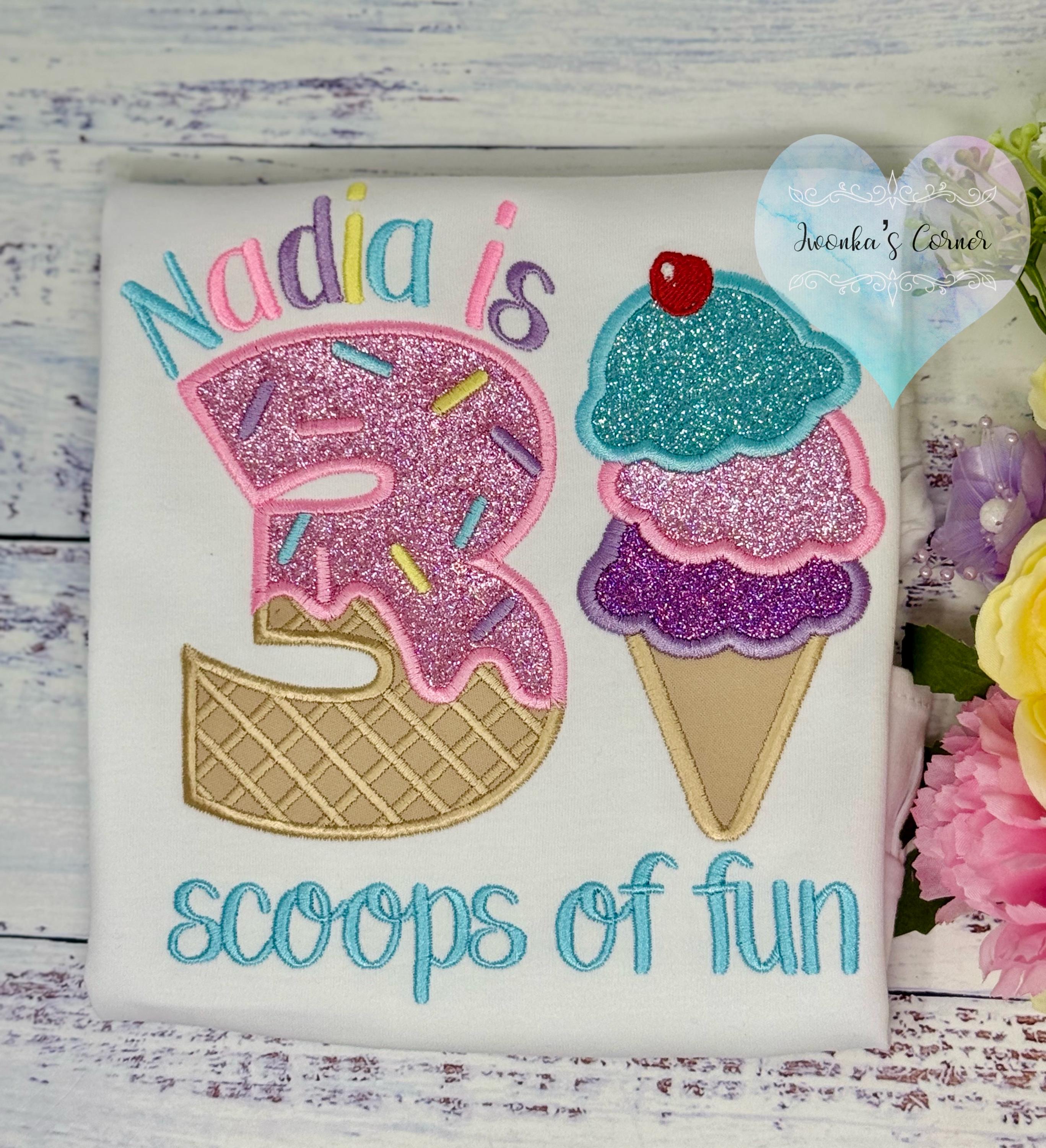 Girl Ice Cream 3 “Scoop of fun” birthday shirt, Sweet Ice Cream cone Theme Party, Pastel sweet birthday tee, Two sweet, Cherry on the top