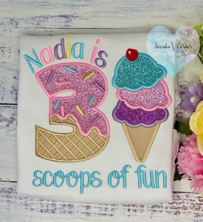 Girl Ice Cream 3 “Scoop of fun” birthday shirt, Sweet Ice Cream cone Theme Party, Pastel sweet birthday tee, Two sweet, Cherry on the top