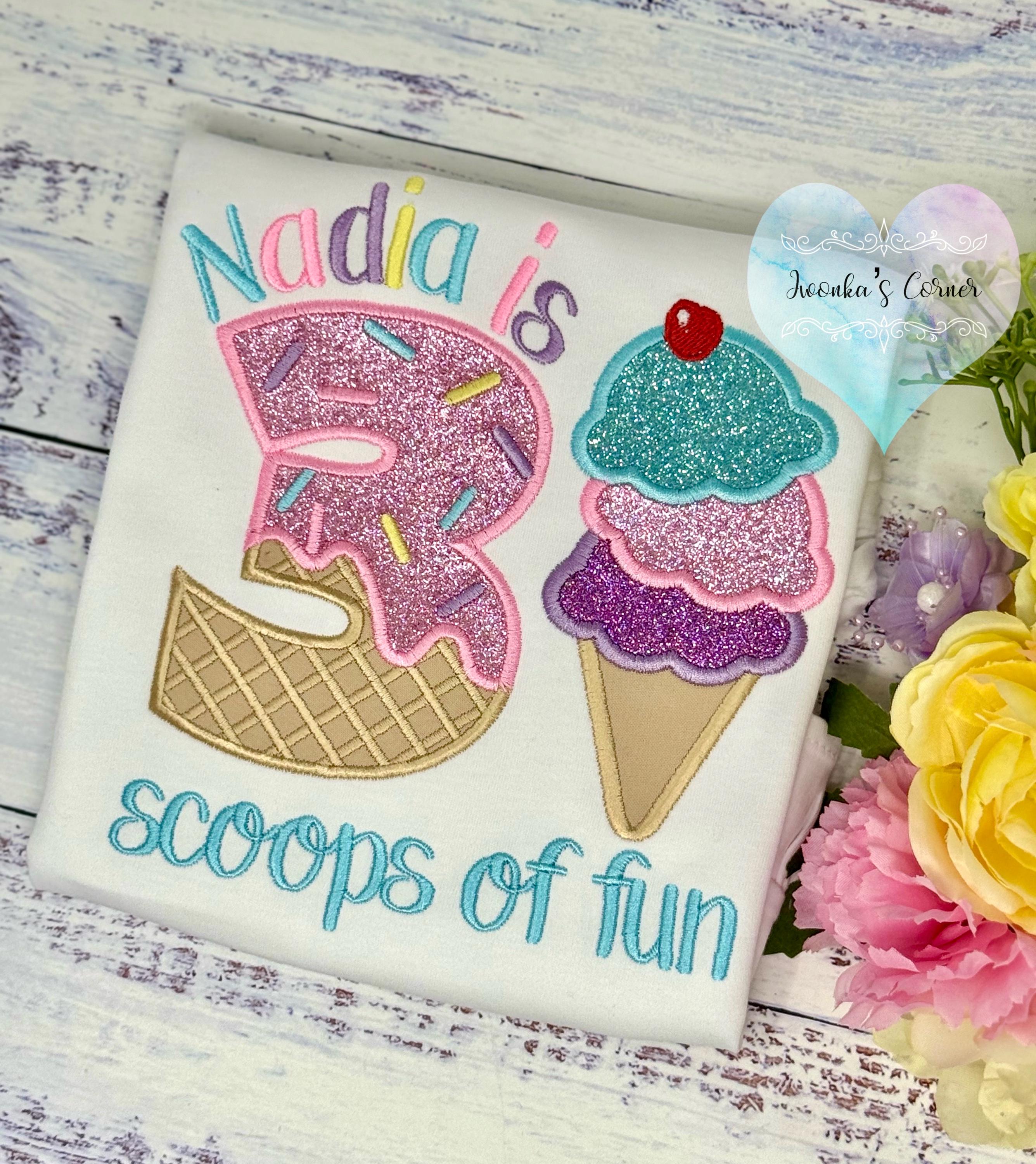 Girl Ice Cream 3 “Scoop of fun” birthday shirt, Sweet Ice Cream cone Theme Party, Pastel sweet birthday tee, Two sweet, Cherry on the top