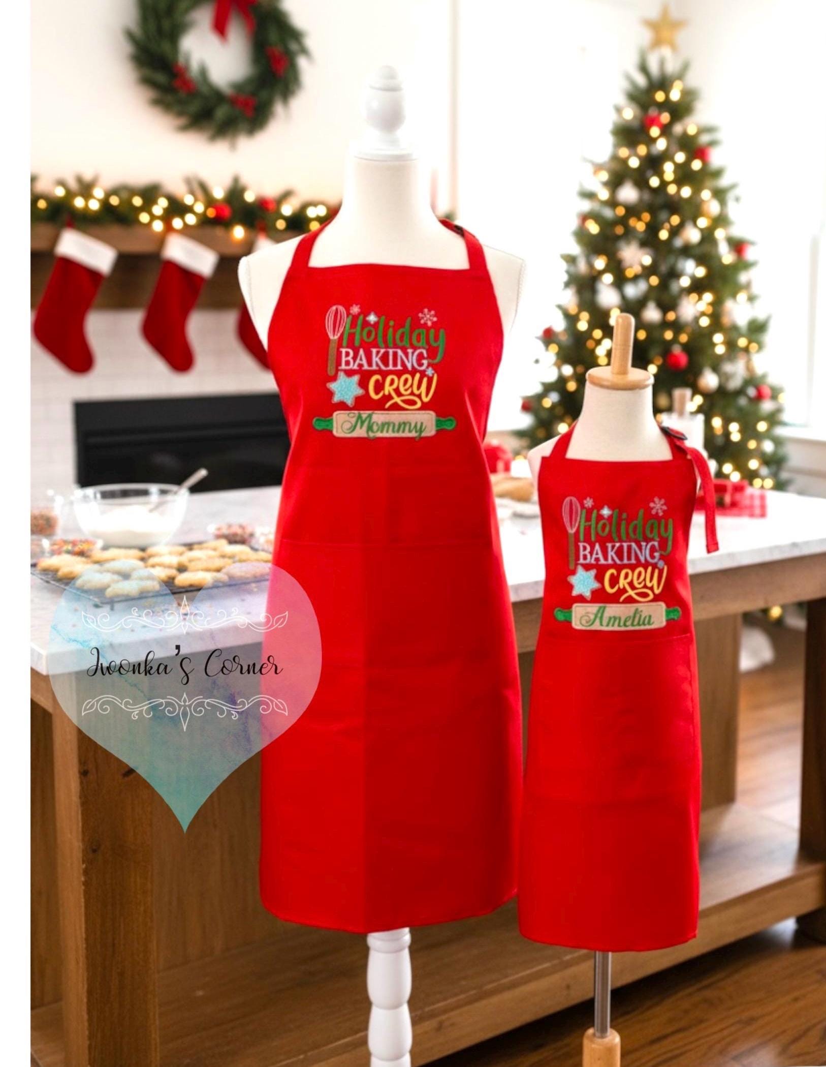 Christmas Personalized Kids and Adult Aprons, Embroidered Apron, Holiday Gift, Baking Crew Apron, Mommy and Me Christmas Gift