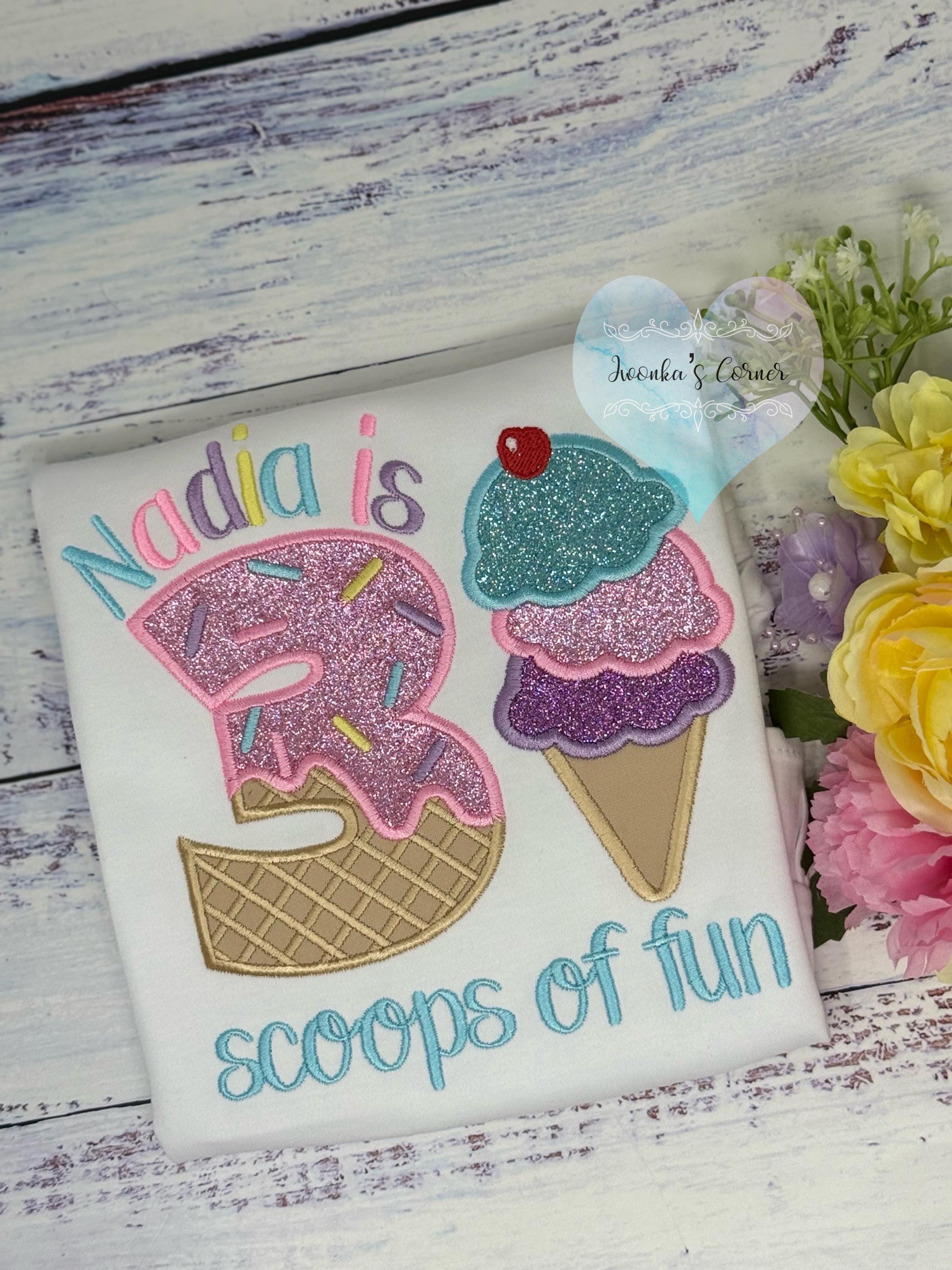 Girl Ice Cream 3 “Scoop of fun” birthday shirt, Sweet Ice Cream cone Theme Party, Pastel sweet birthday tee, Two sweet, Cherry on the top