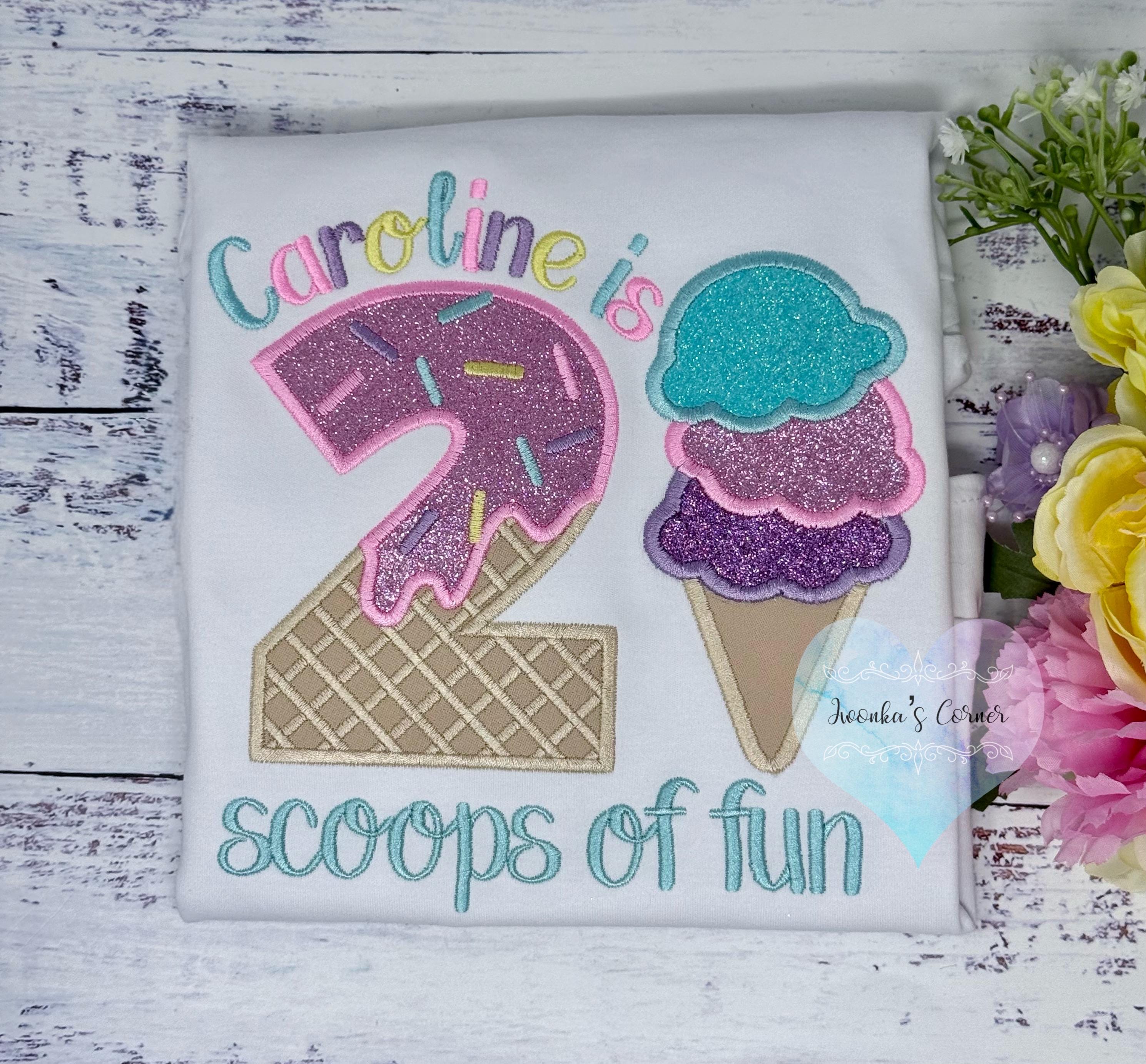 Girl Ice Cream 2 Scoops of fun birthday shirt, Sweet Ice Cream cone Theme Party, Pastel ice cream scoops, Twoo sweet birthday tee