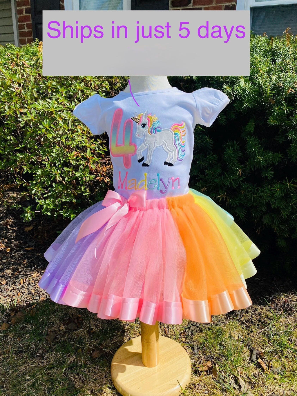 Girl 4th Birthday Pastel Unicorn, Girl Rainbow Tulle Dress Tutu, Pastel Uni tutu set, Rainbow Ribbon Trim, Ages 1-6, Fast shipping 5 days