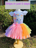 Girl 4th Birthday Pastel Unicorn, Girl Rainbow Tulle Dress Tutu, Pastel Uni tutu set, Rainbow Ribbon Trim, Ages 1-6, Fast shipping 5 days