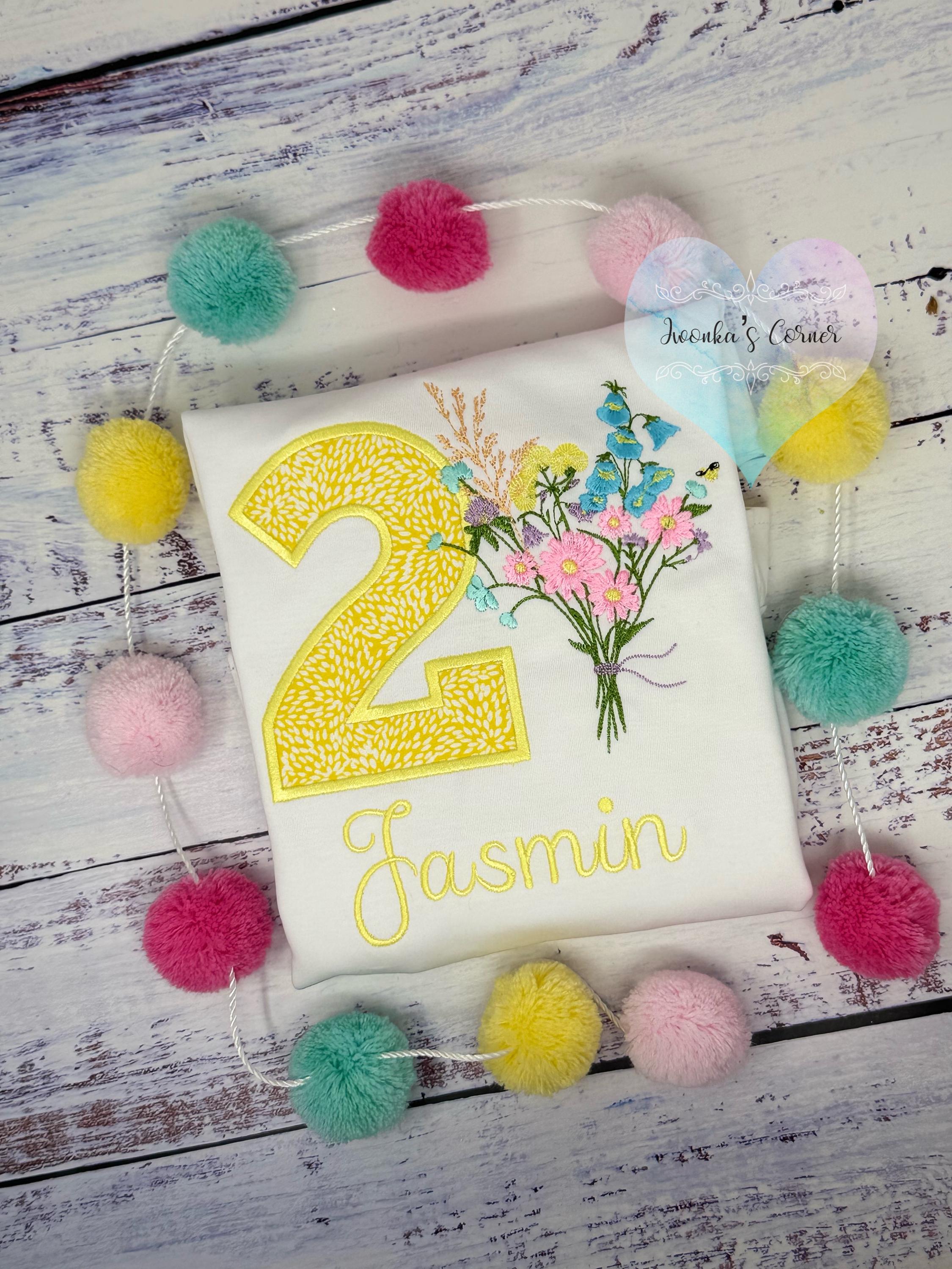 Girl 2nd Birthday Pastel Wild Flower Bouquet and number Shirt, Girl Floral Themed Tee, Yellow Number Applique , Any age