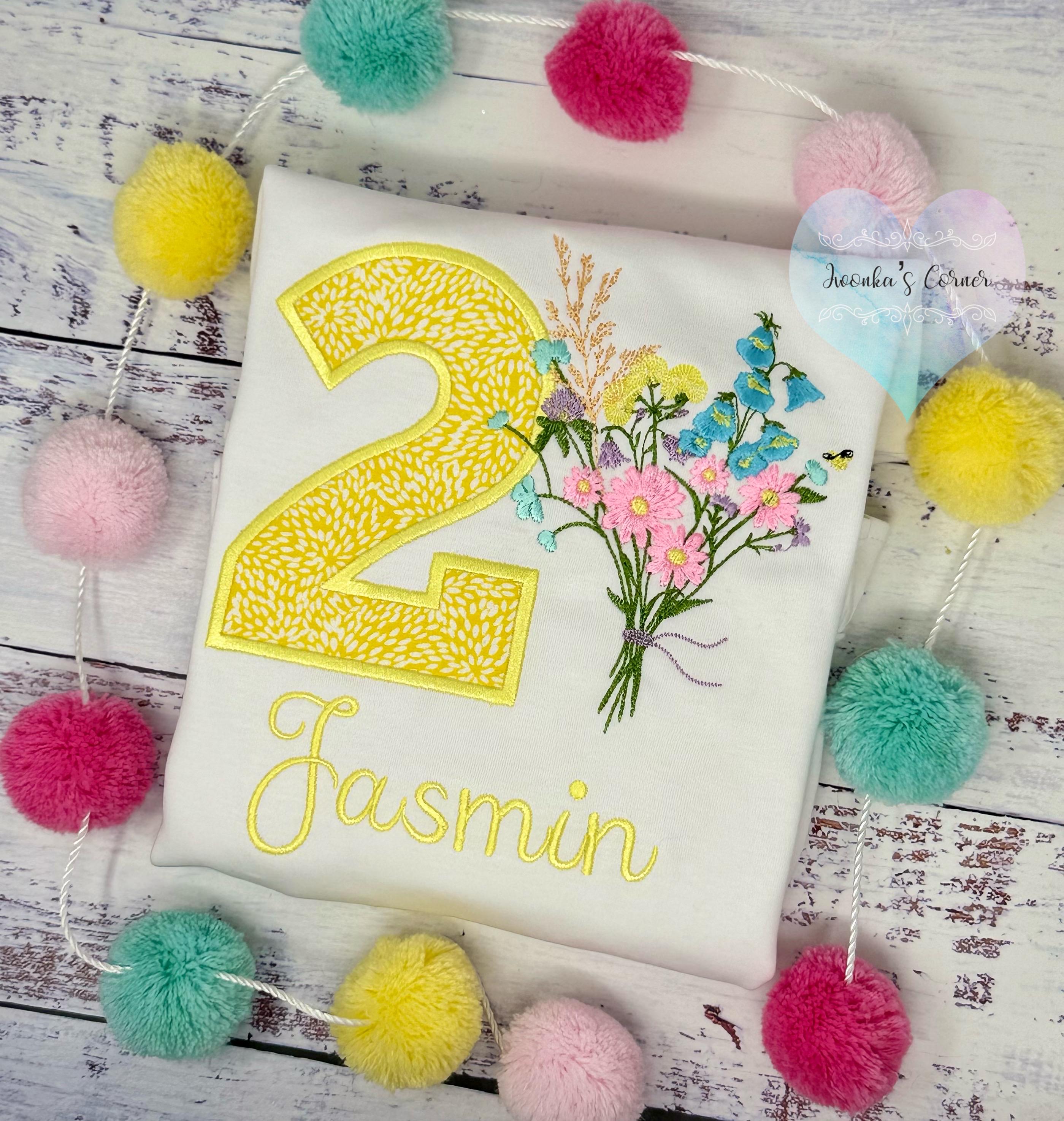 Girl 2nd Birthday Pastel Wild Flower Bouquet and number Shirt, Girl Floral Themed Tee, Yellow Number Applique , Any age