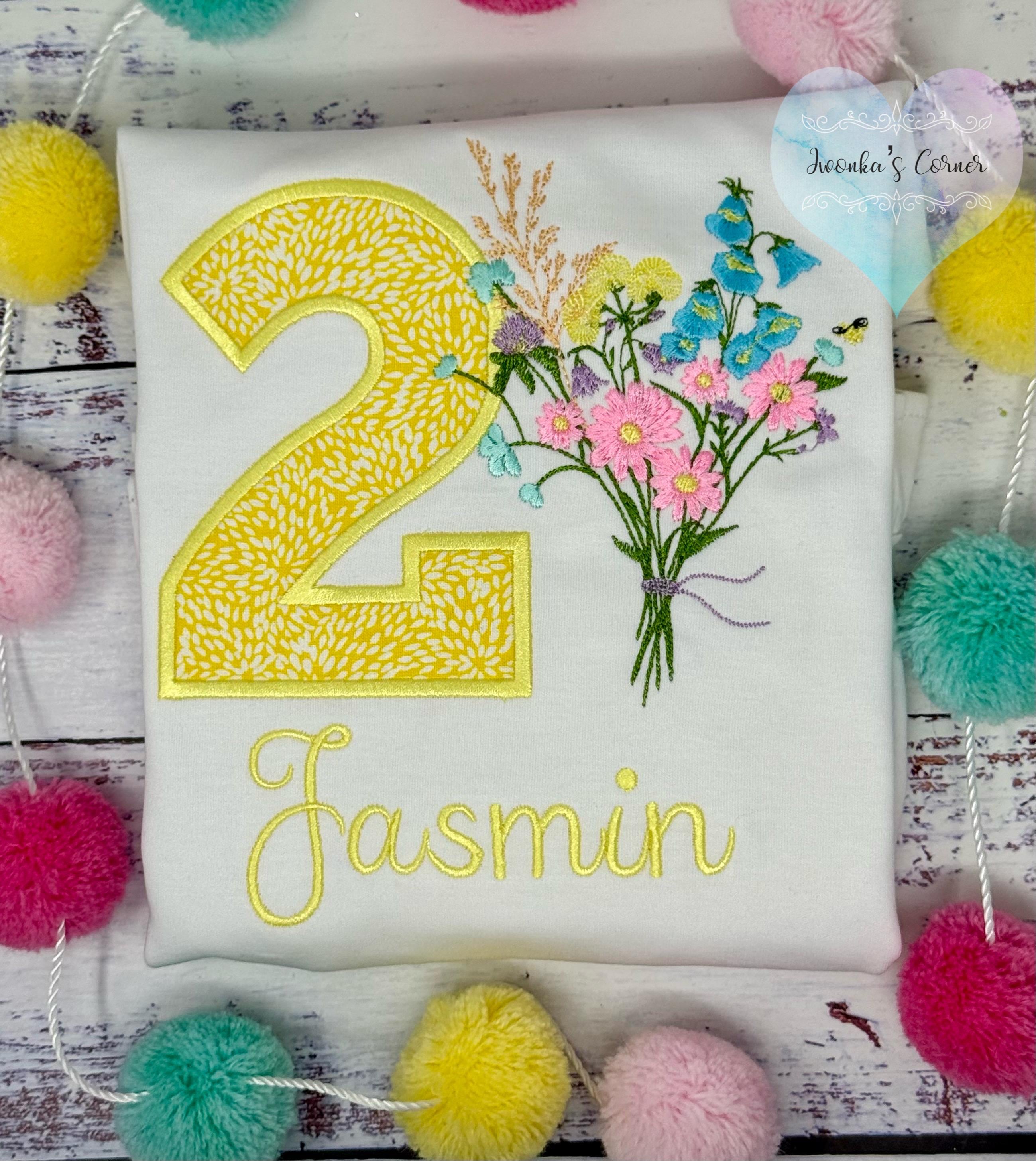 Girl 2nd Birthday Pastel Wild Flower Bouquet and number Shirt, Girl Floral Themed Tee, Yellow Number Applique , Any age