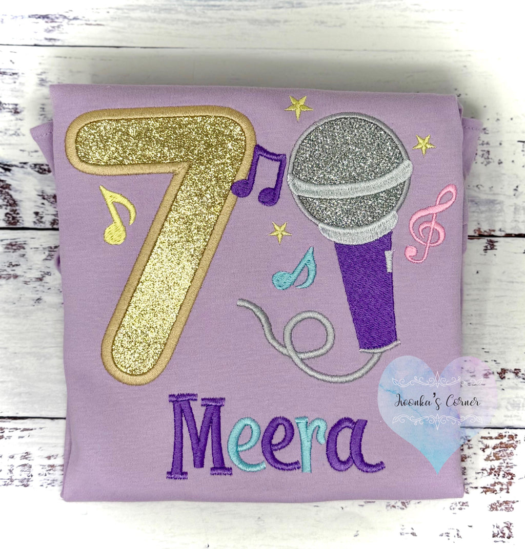 Girl 7th Birthday Microphone, Music notes and number Shirt, Girl Karaoke Singing Birthday Tee, Musical embroidery, Any age