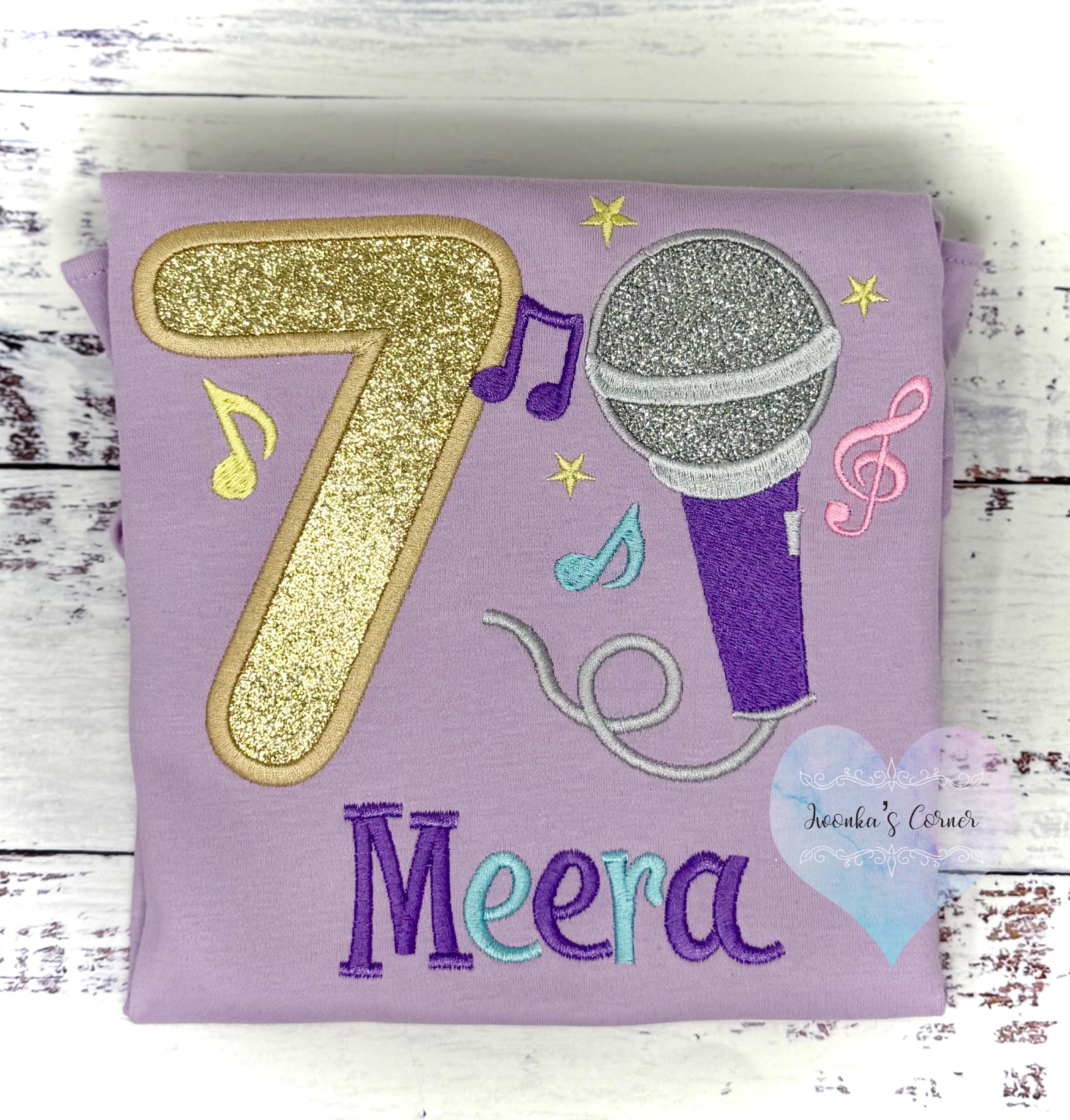 Girl 7th Birthday Microphone, Music notes and number Shirt, Girl Karaoke Singing Birthday Tee, Musical embroidery, Any age