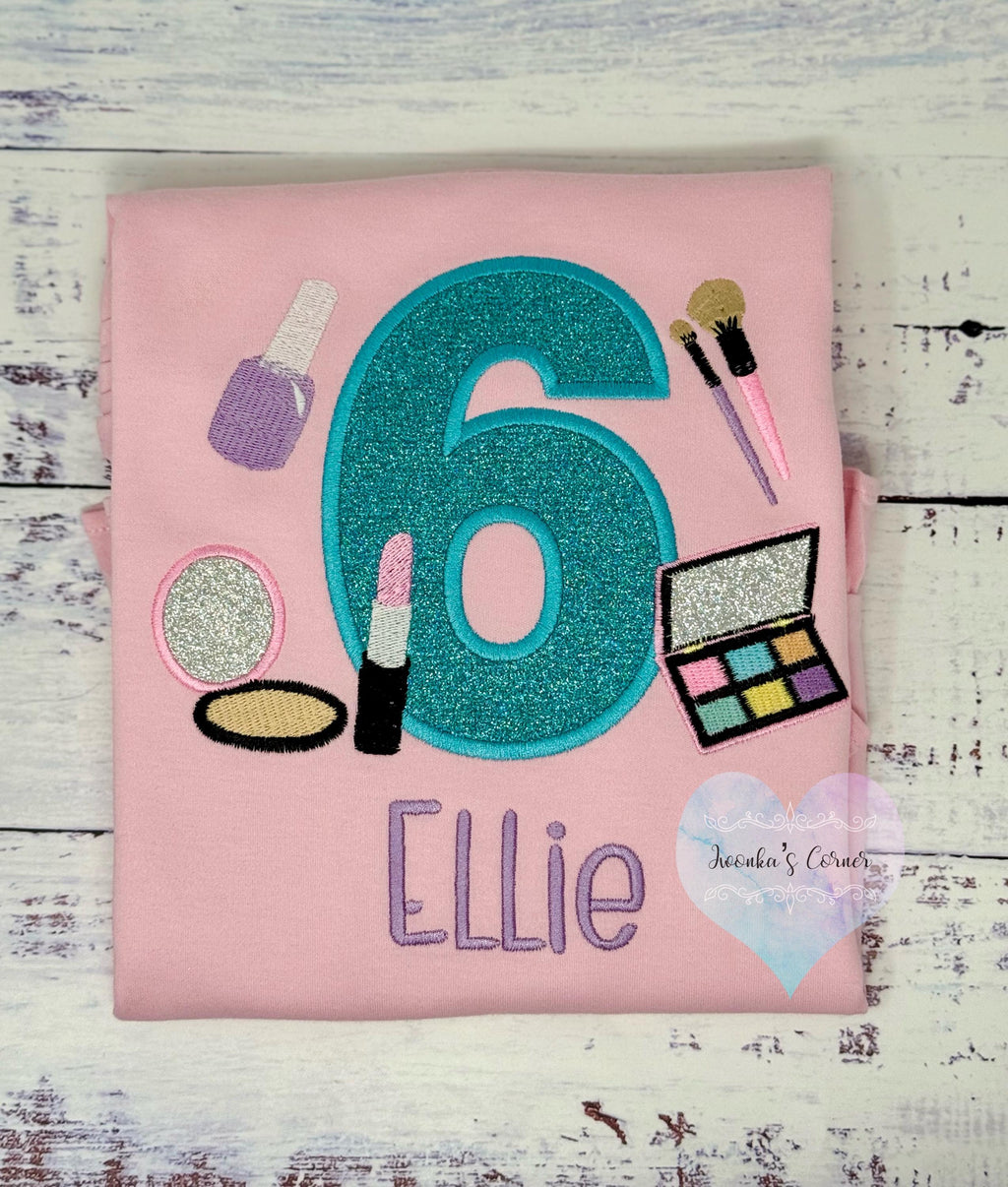 Girl 5th Birthday Shirt with Make up, Salon, Spa Birthday Tee Number cosmetics, Lipstick Powder Brush, Make up Birthday Party, Nail Polish