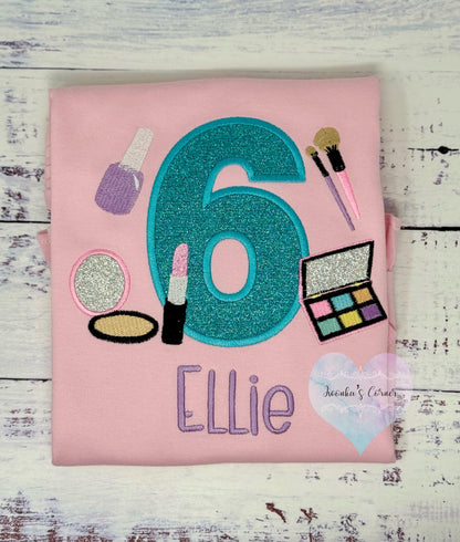 Girl 5th Birthday Shirt with Make up, Salon, Spa Birthday Tee Number cosmetics, Lipstick Powder Brush, Make up Birthday Party, Nail Polish