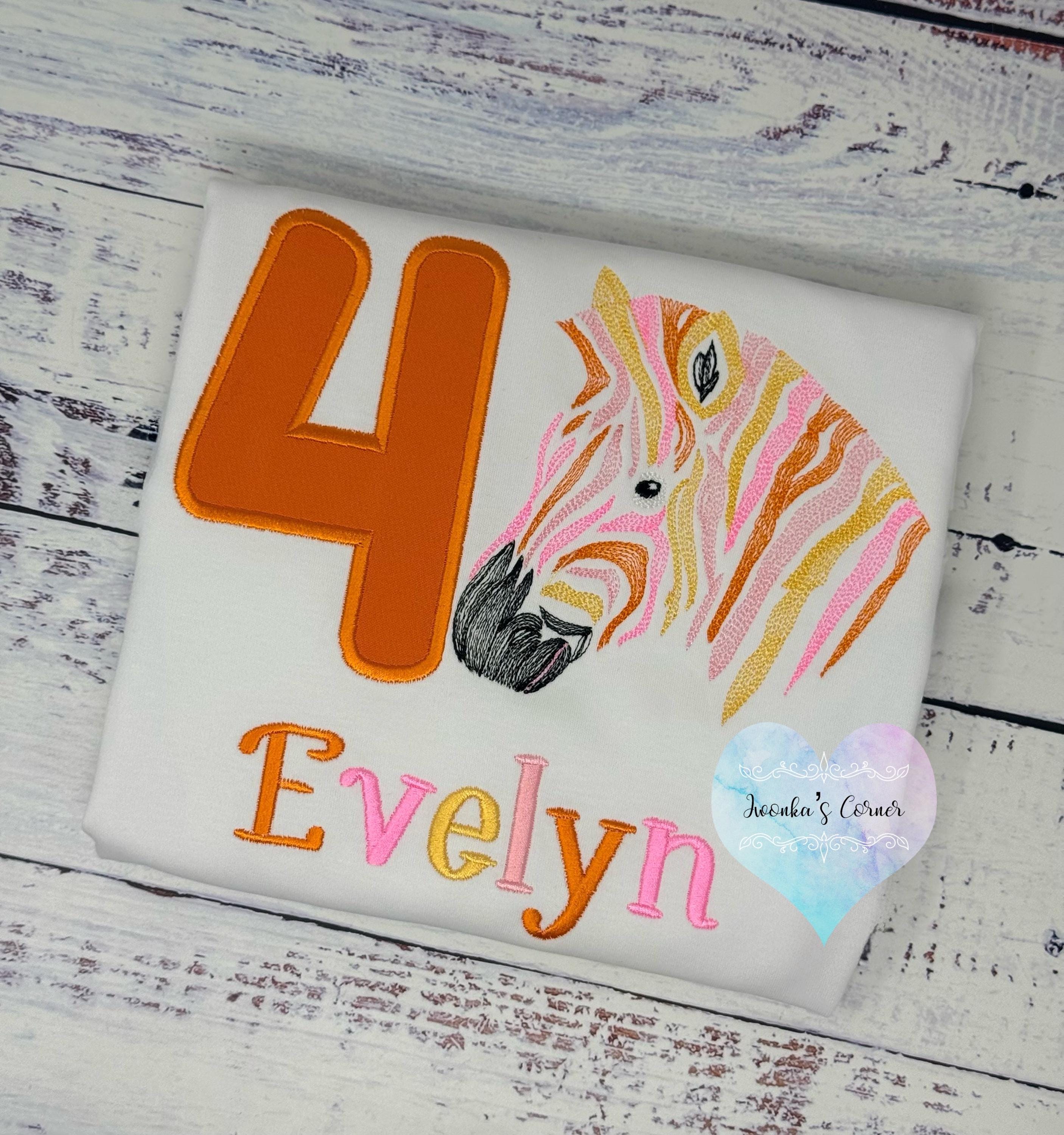 Girl 4th birthday pink, orange zebra shirt, Embroidered Safari t-shirt, Colorful rainbow zebra, Any age birthday tee
